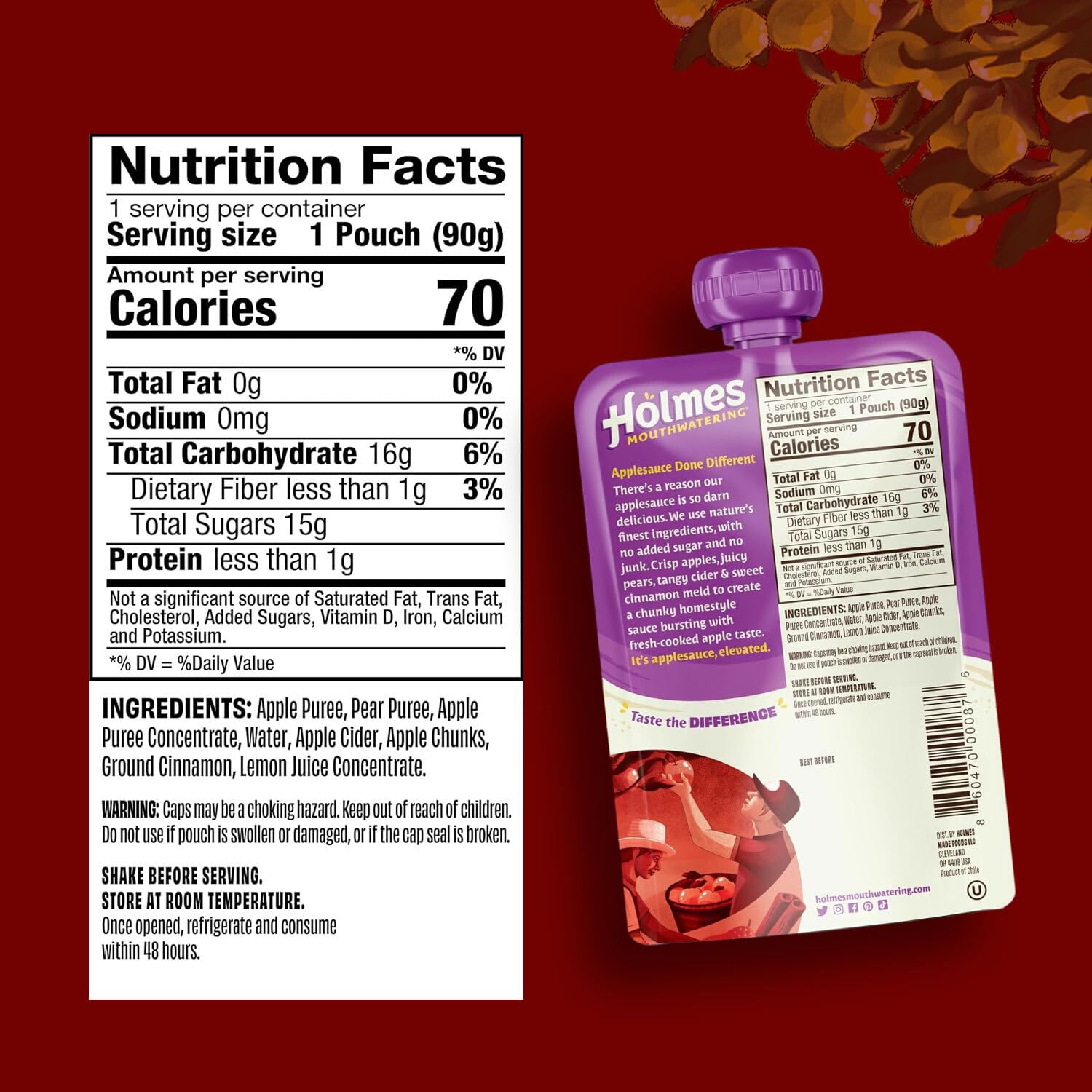 Holmes Mouthwatering Applesauce Squeeze Pouch, Organic Cinnamon Applesauce Pouches with Real Chunks of Fruit, No Artificial Flavors Fruit Snack (Apple Pie Cinnamon, 24 Pack of 3.2 oz)