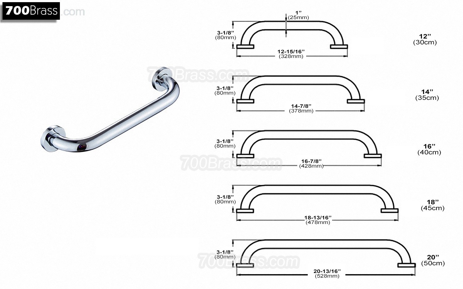 Barra di sostegno in ottone massiccio per doccia, 45,7 cm, finitura cromata lucida, per casa, hotel e motel, per bagno e vasca da bagno, design antiscivolo