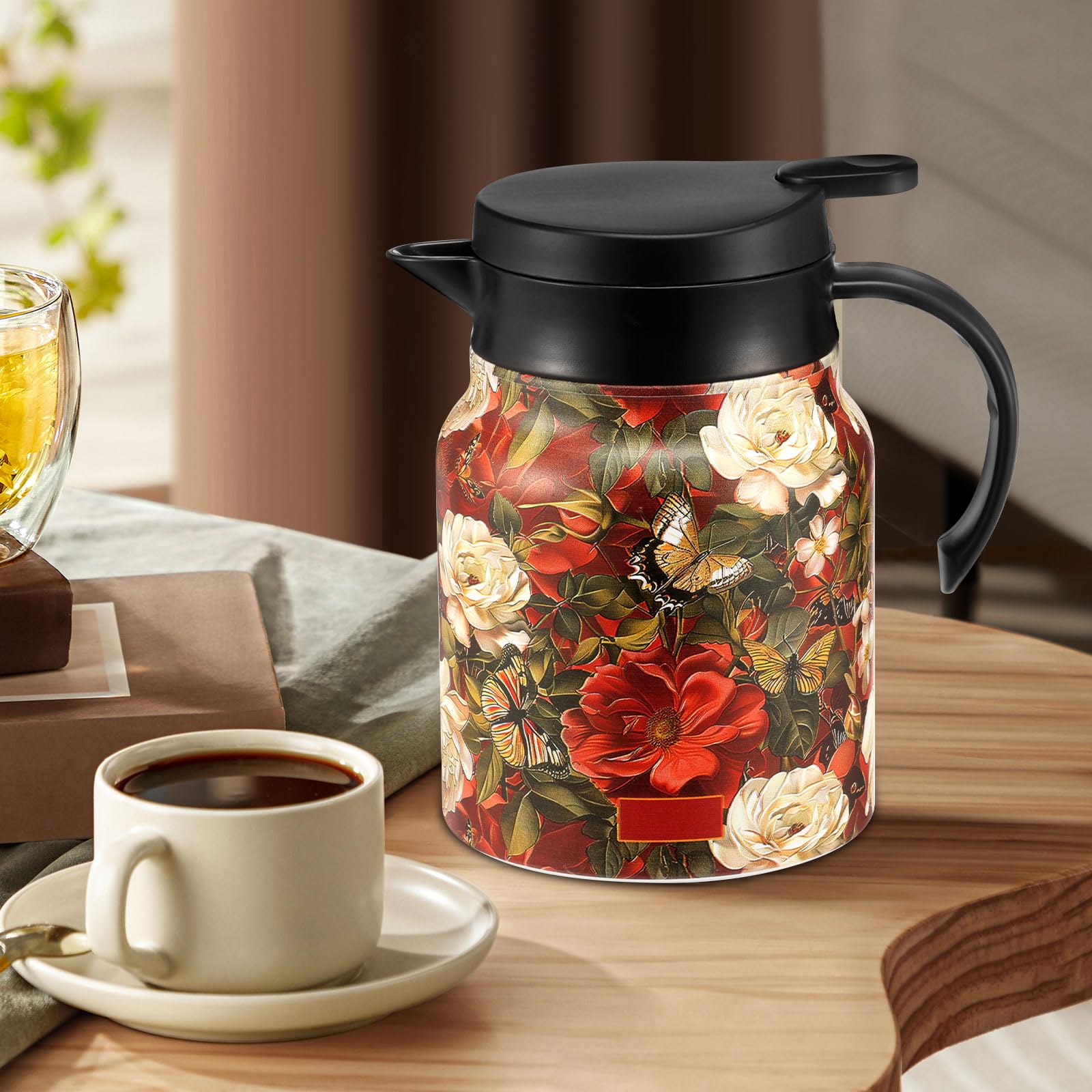 Vintage Floral Teapot, 1L Stainless Steel Thermal Tea Pot Coffee Jug with Built in Infuser and Wooden Handle for Hot Drinks, Insulated Coffee Carafe for Home Kitchen Office Daily Needs