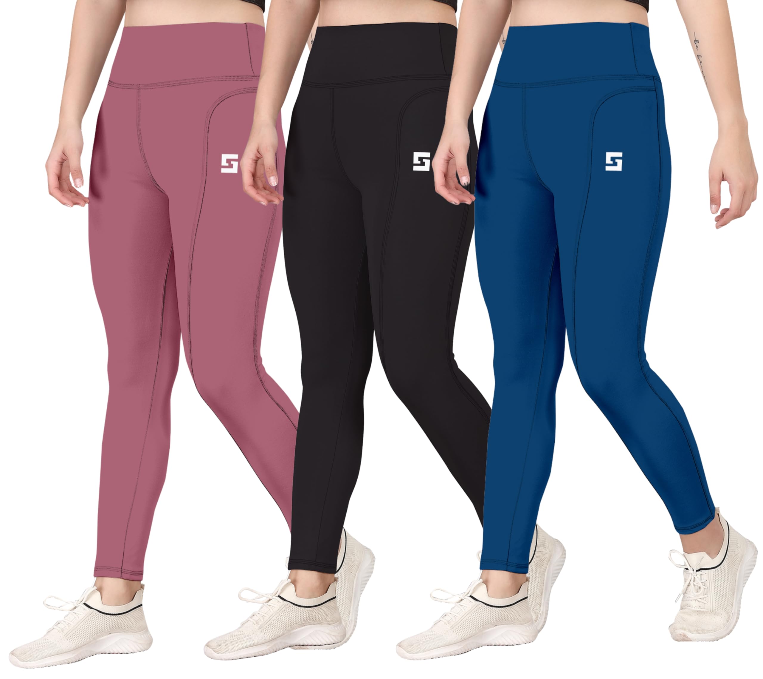 Women's Gym Wear Tights | Track Pants | Mesh Insert Side Pockets Pant | Ideal for Active Wear Pant | Yoga & Workout Tights | The Ultimate Gym Pants for Women & Girls (Pack of 3)