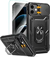 Capa para iPhone 12 e iPhone 12 Pro Capinha | com 2 peças de protetor de tela temperado com janela deslizante da câmera e suporte para telefone incluídos - Preto