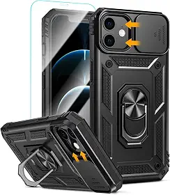 Capa para iPhone 12 e iPhone 12 Pro Capinha | com 2 peças de protetor de tela temperado com janela deslizante da câmera e suporte para telefone incluídos - Preto