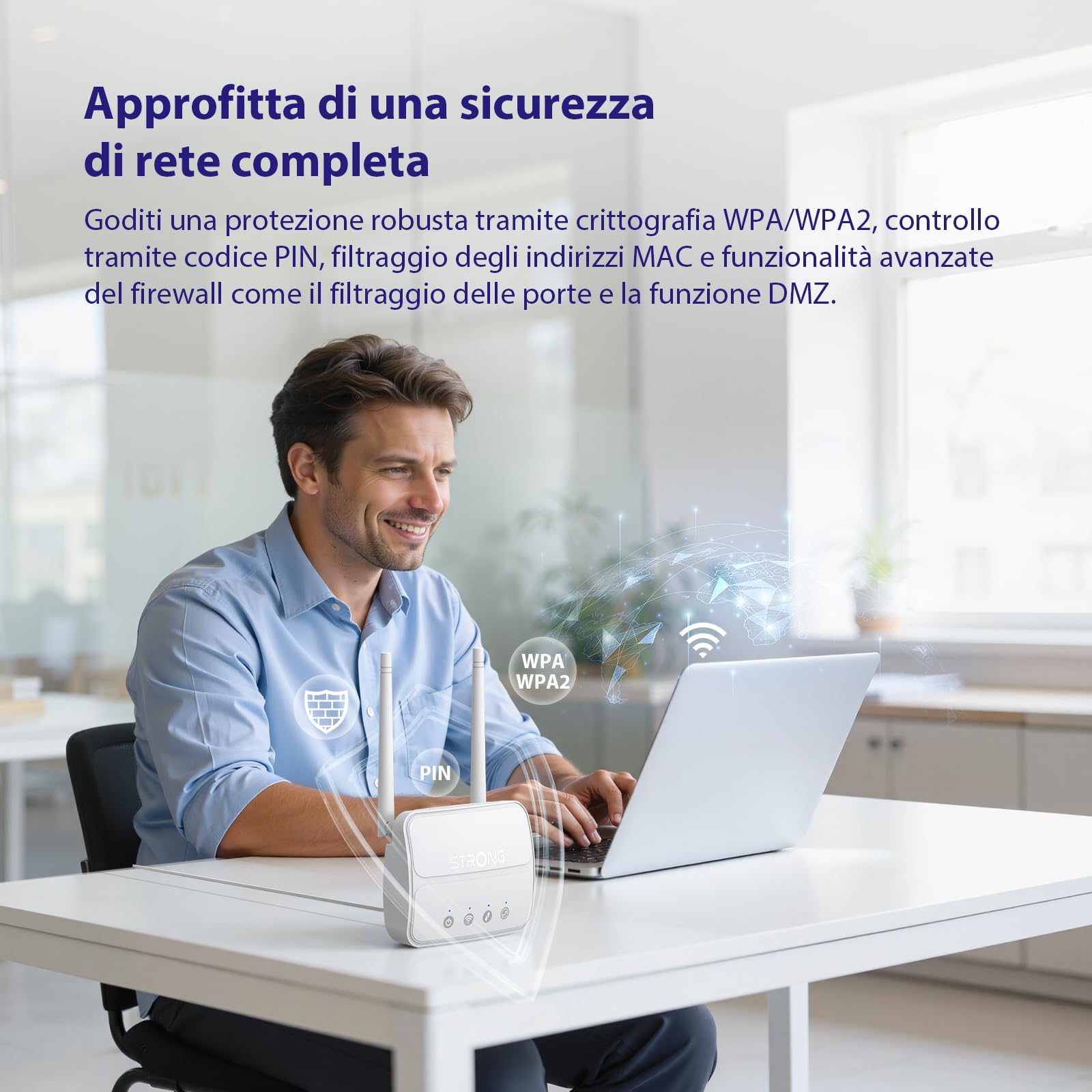 Strong Router WiFi N300 Mbps con SIM, Router 4G Cat4 LTE, Porta LAN 100 Mbps, Antenne Staccabili, Plug and Play, Supporta fino a 32 Dispositivi, USB 3.0, Rete Sicura (4GROUTER360M)