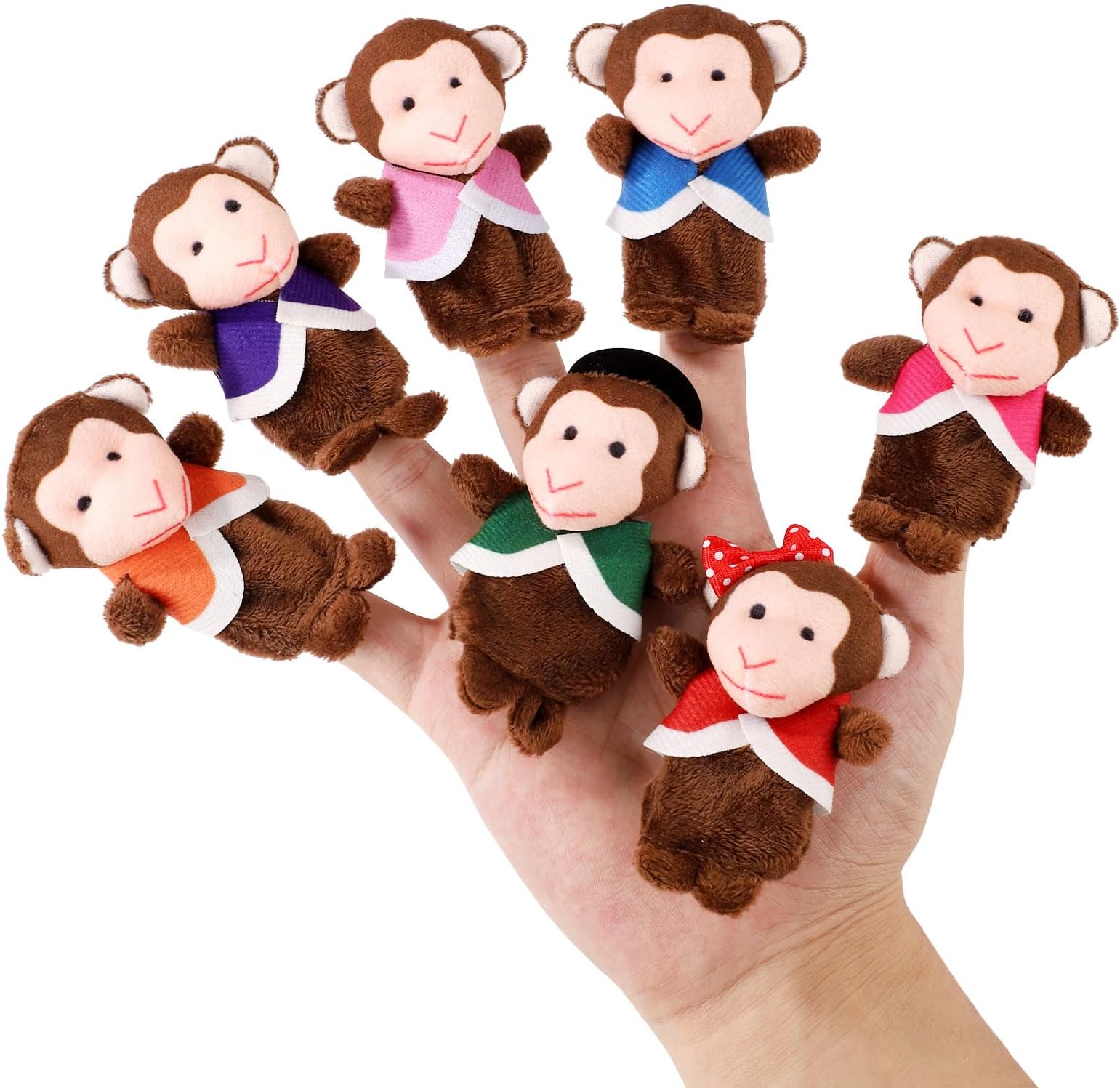 7pcs Colorful Little Monkeys Finger Puppets, Pink Purple Orange Premium Plush Finger Puppets Toy Animal Toys for Storytelling and Theater Role Play