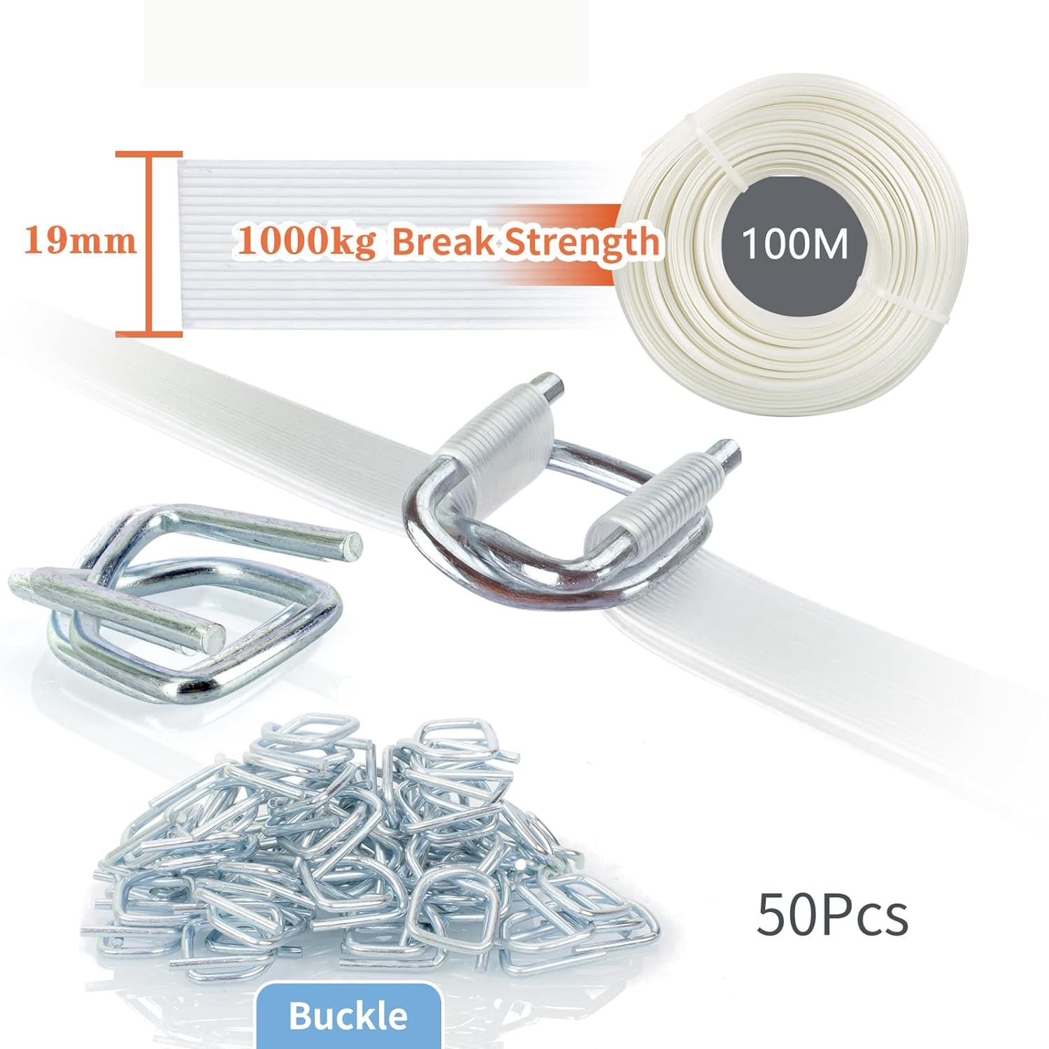 Strapping Tools Kit 19mm x 100mtr Woven Cord Banding Strap 1000kg Break Strength Tensioner Tool 50pcs Reusable Buckles