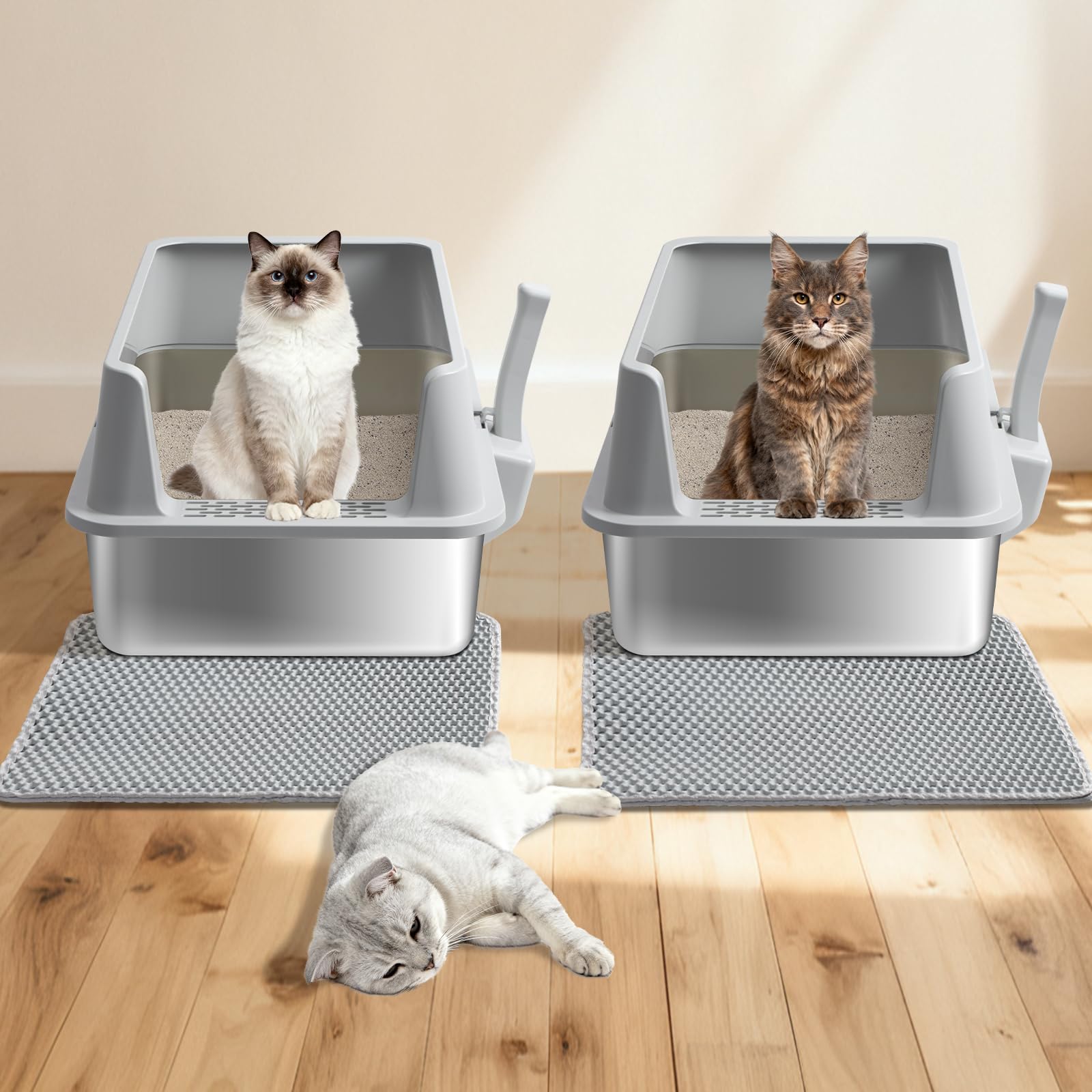 Stainless Steel Litter Box 2 Pack, Metal Cat Litter Box with Lid High Sides,XL Extra Large Litterbox for Big Cats,Non-Stick, Anti-Leakage,Easy to Clean,Include Litter Mat & Scoop,23x14.6x10in - image 6