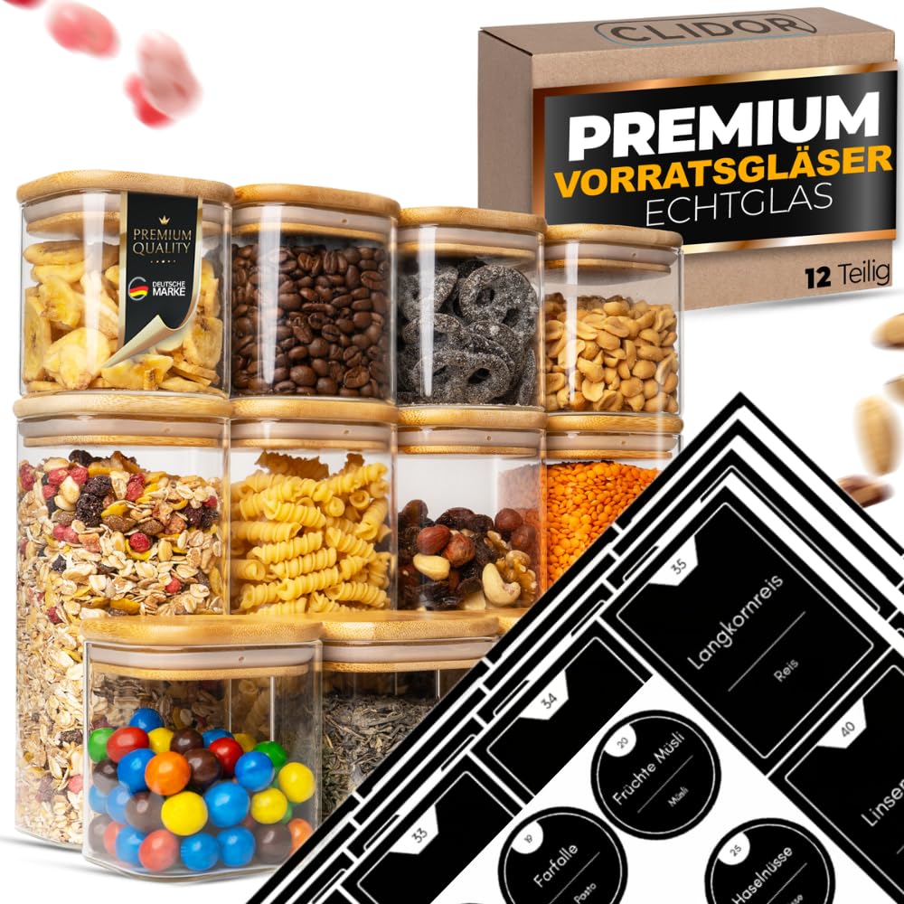 CLIDOR Vorratsgläser mit Deckel, Eckig - 12er Set - 6,5L Vol., Inkl. 210 Premium Vorratsetiketten in Rund & Eckig, Erhöhte Glasstärke, Vorratsdosen mit Deckel luftdicht, Glasbehälter für Lebensmittel