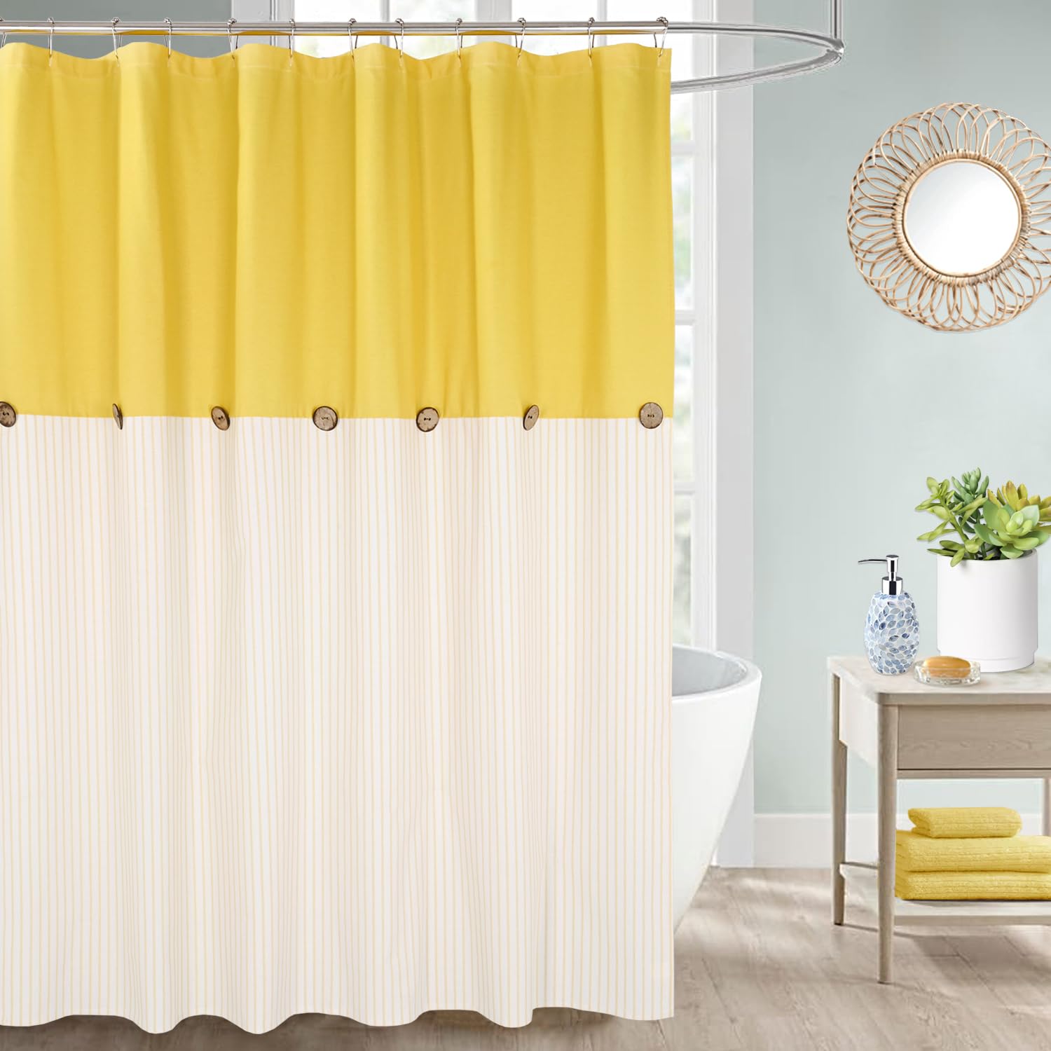 DOSLY IDÉES Farmhouse Yellow Shower Curtain,Beige and Yellow Stripe,Button Curtain,Linen and Cotton Woven Fabric,Rustic Charm Country Chic Style,72x72 in