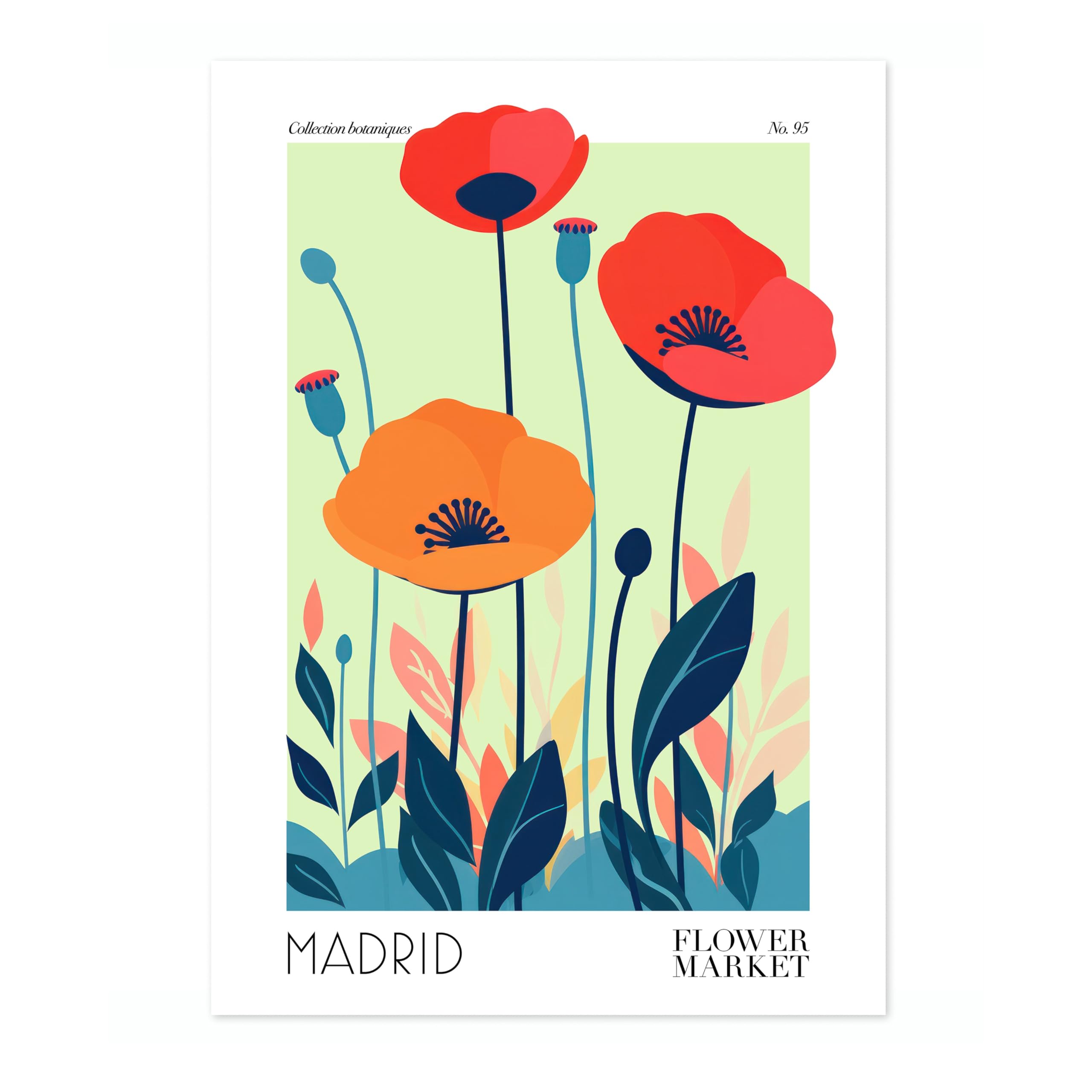 Poppies Flower Market Poster Floral Wall Decor Print Abstract Colourful Minimalist Travel Bedroom Art, Archival Matte, A5 (Print Only) - 21x14.8cm