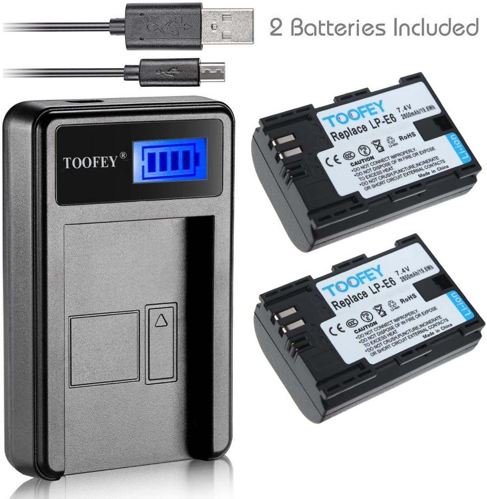 2x LP-E6 LP-E6N Battery + LCD Display USB Charger for Canon LC-E6 EOS 60D, EOS 70D, EOS 80D, EOS 5D II, EOS 5D III, EOS 5DS EOS 5DS R EOS 6D EOS 7D BG-E14 BG-E13 BG-E11 BG-E9 BG-E7 BG-E6 Grip