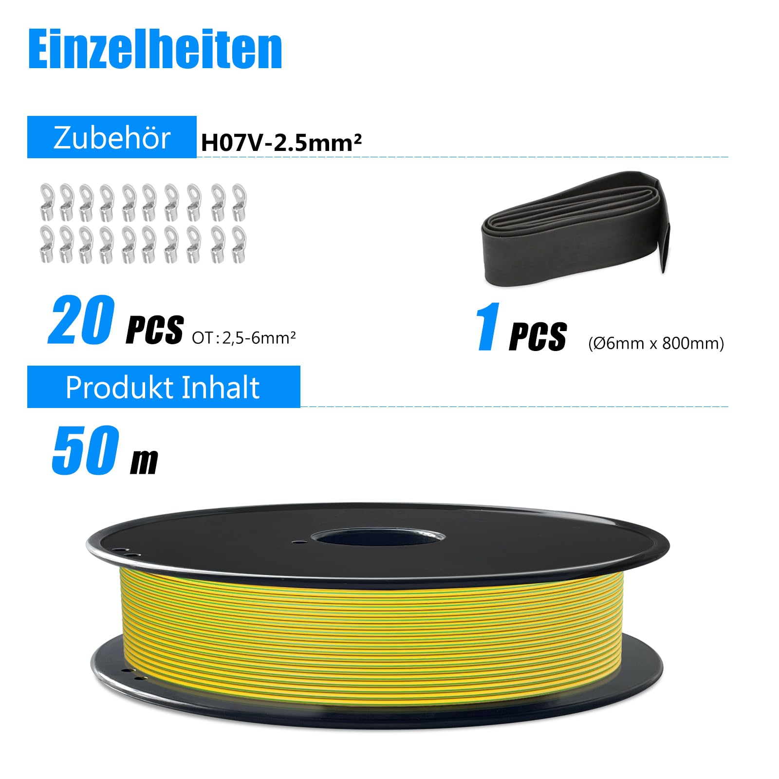 H07V-K 2,5mm² Filo Flessibile Giallo-Verde, 50m | Rame flessibile, isolamento PVC. Per quadri, officina e cablaggio interno.