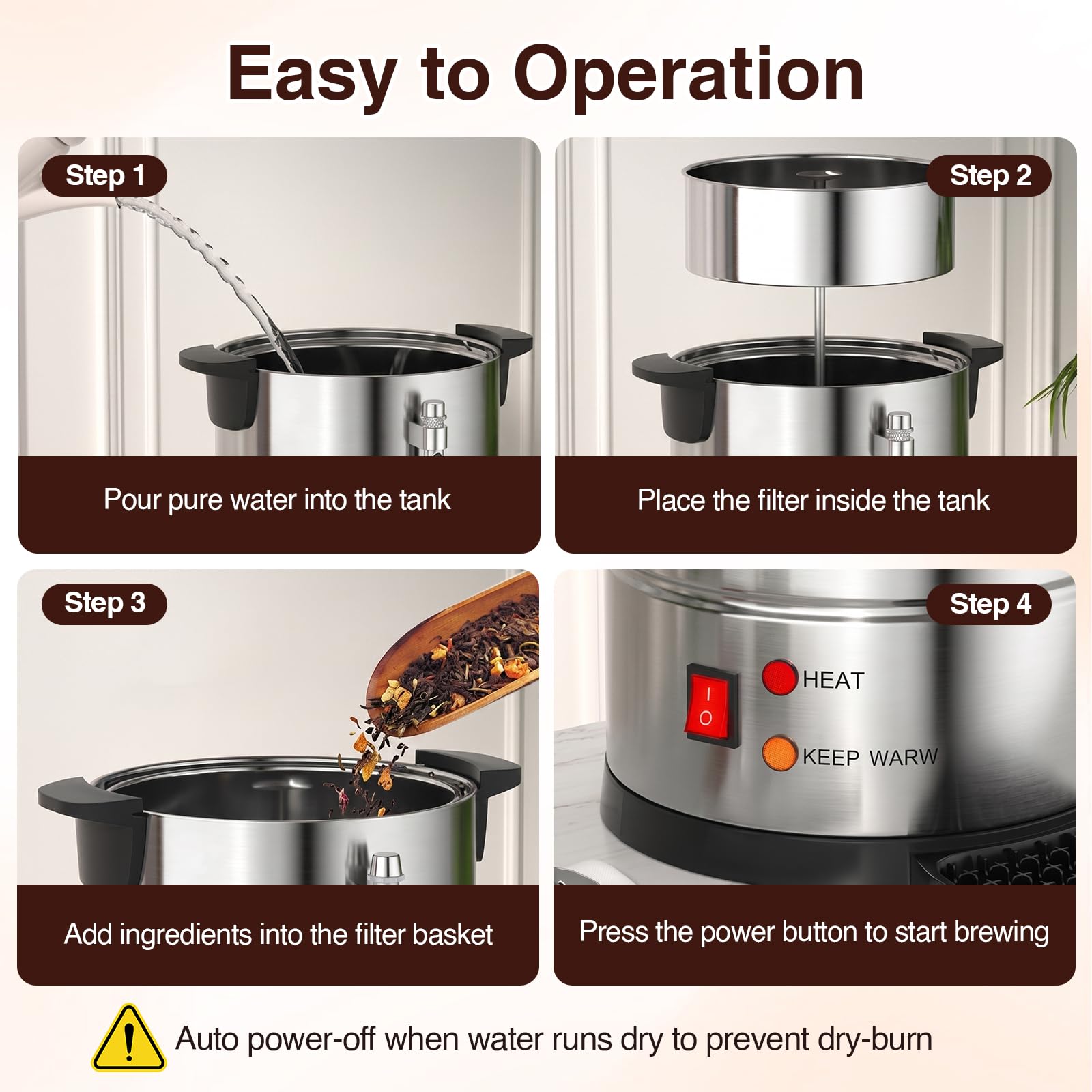 Cafetière urne de 8 l avec filtre rond, en acier inoxydable 304, avec réglage de la température de 30 à 110 °C et indicateur de niveau, pour maison, fête, bureau, mariage