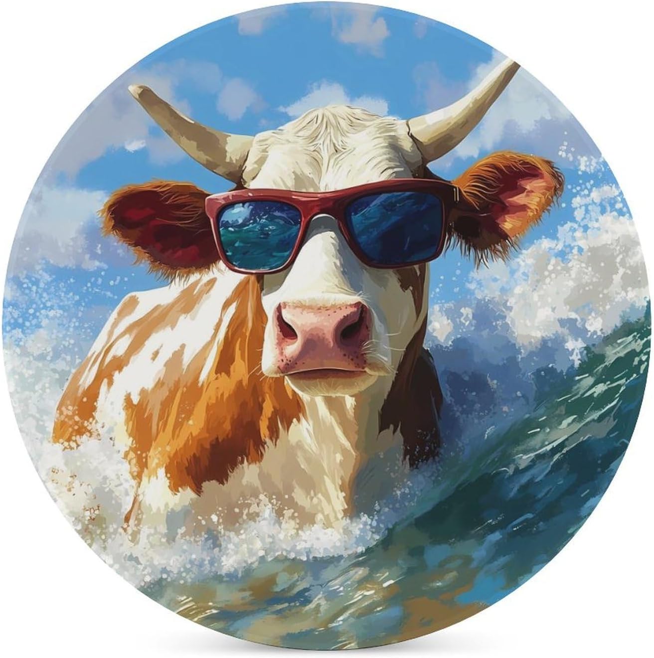 Surfing Cow Waves Round Ceramic Coasters Print Drinks Absorbent with Cork Base for Home Decor Gifts 4 Inch