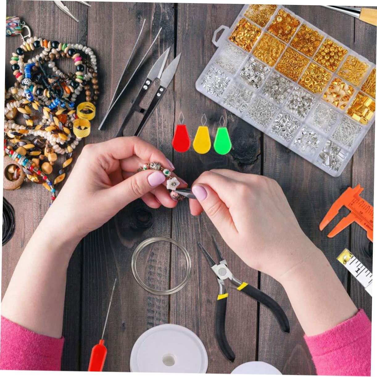 TOPPERFUN Kit per Creazione Gioielli 27 Pezzi, Accessori per Perline e Braccialetti, Metallo e Plastica, Borsa Portaoggetti, per DIY e Feste