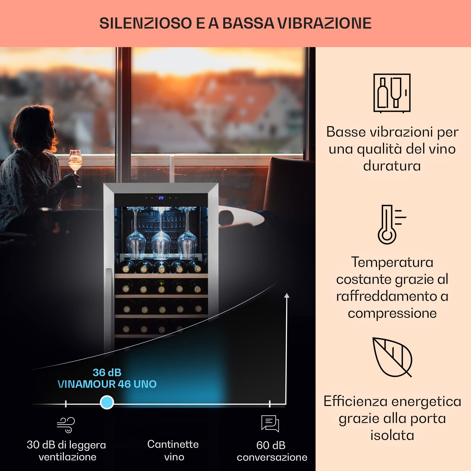 KLARSTEIN Cantinetta Vino, Cantinetta Vino Refrigerata a Zona Singola per Interno/Esterni, Frigo Bar, Cantina Vino con Vetrina, Mini Bar con Protezione UV, Frigo Vino Touch, 4-18°C, 46 Bottiglie