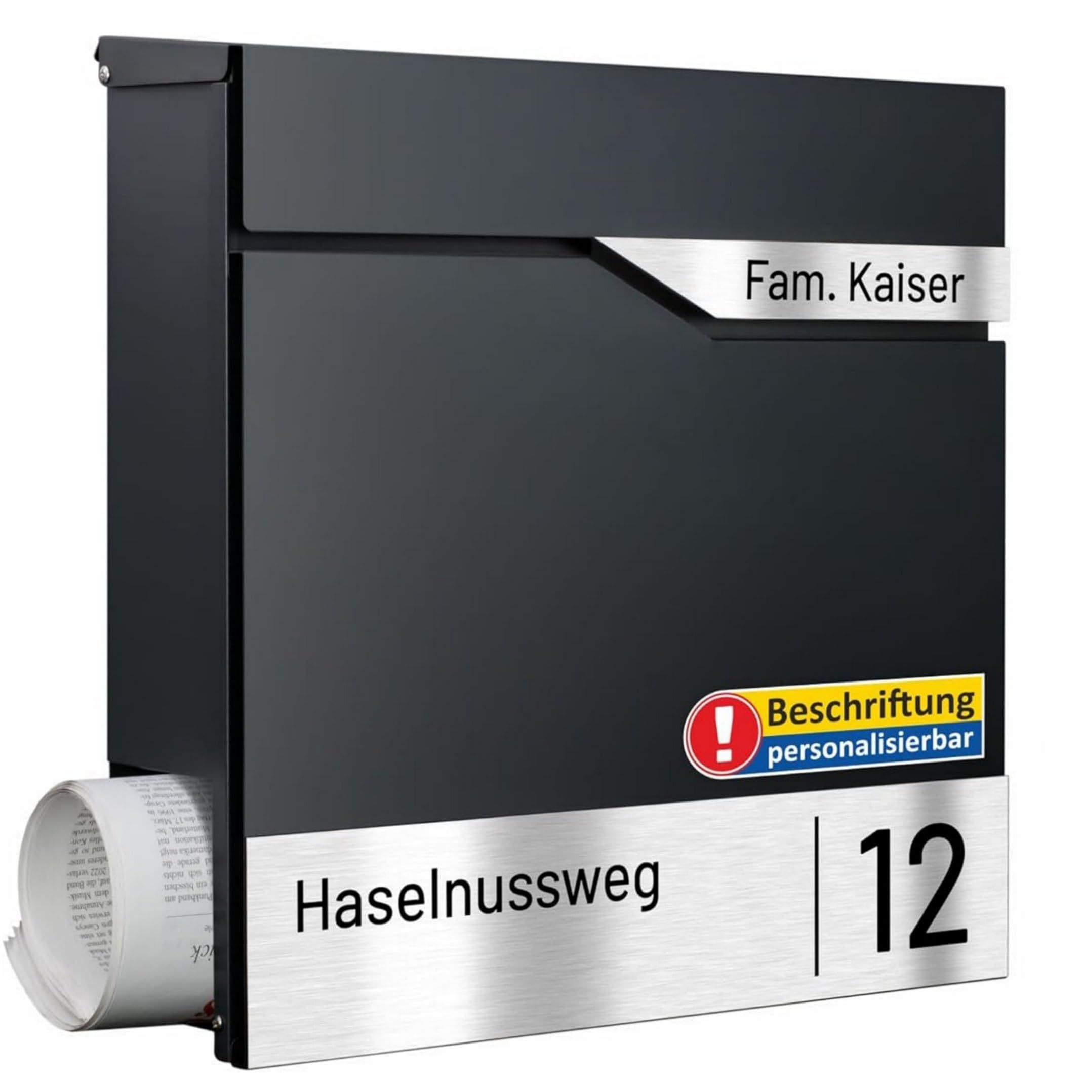 AL Briefkastensysteme Laser-Line 1er Briefkasten personalisiert mit Namen + Hausnummer - Postkasten Anthrazit RAL 7016 modern mit Zeitungsfach Gravur & Absenkautomatik für Wand- & Zaunbriefkasten