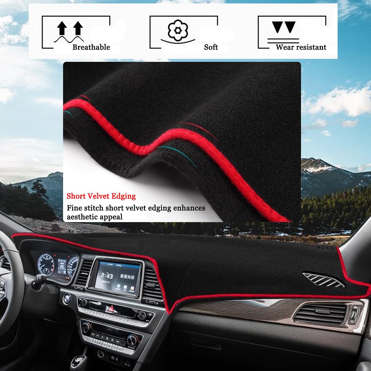 Blazeray Car Dashboard Cover Mat for Hyundai Sonata 2015 2016 2017 2018 2019 Left Hand Driving Non-Slip Dashboard Mat Pad Interior Accessories Custom Fit Dash Mat Sunshade Windshield Glare(Red Edge)