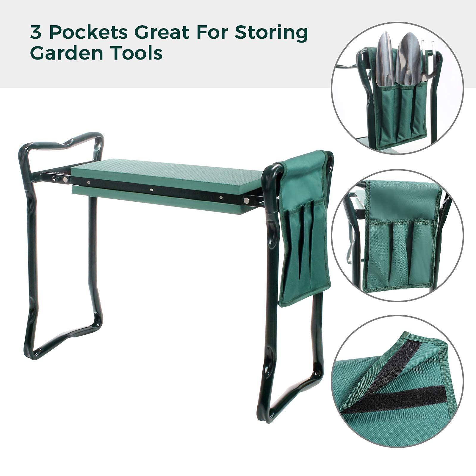 Todeco Banc Agenouilloir de Jardin, Repose Genoux avec Sac à Outils, Genouillère et siège de Jardin Pliable, Tapis de Pelouse et Coussinets Doux pour Genoux de Jardinage pour Personnes âgées