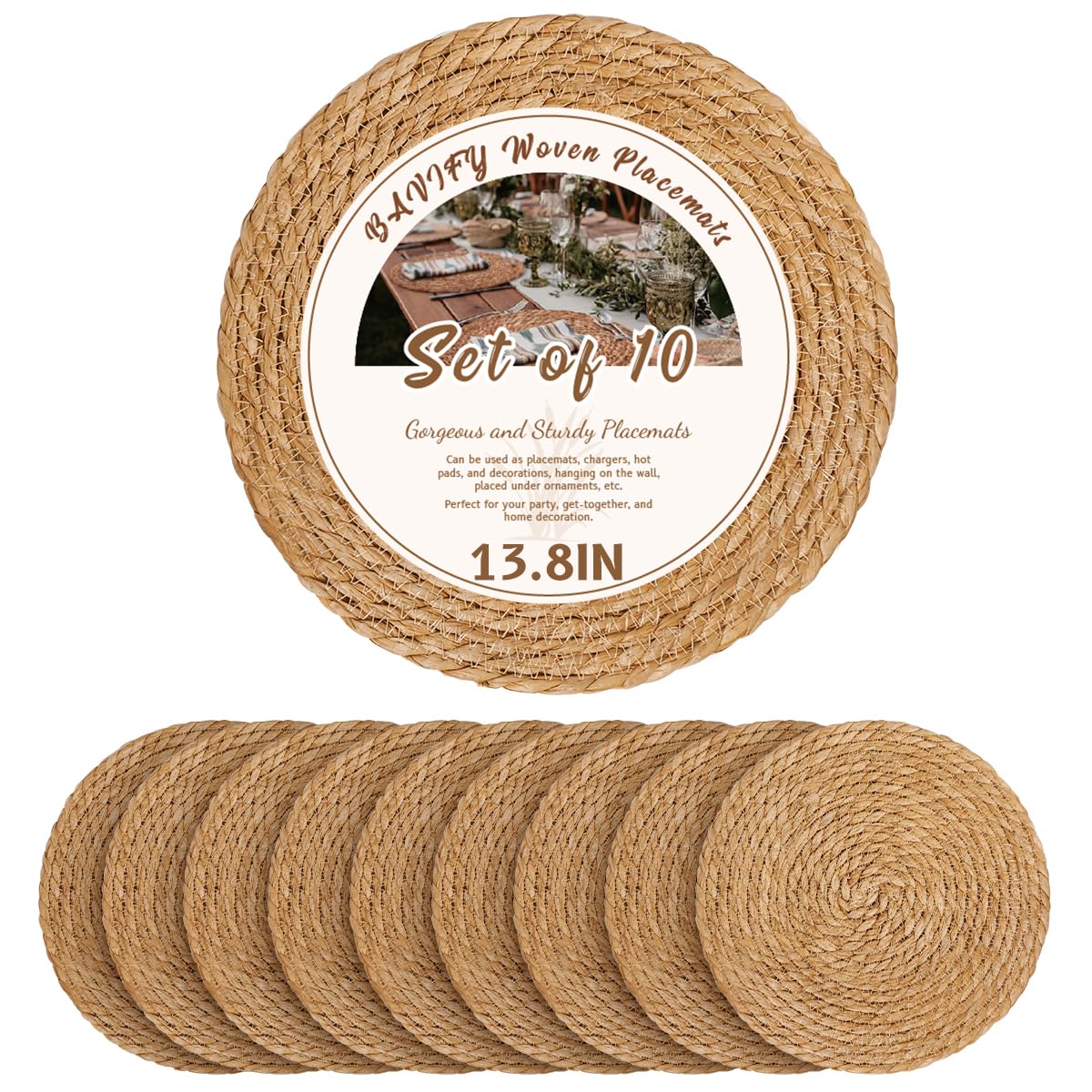 Photo 1 of 13.8 in Round Woven Placemats Plate Chargers Set of 10, Rattan Wicker Table Mats Chargers for Dinner Plates Boho Farmhouse Rustic Place Mats for Dining Table Decor