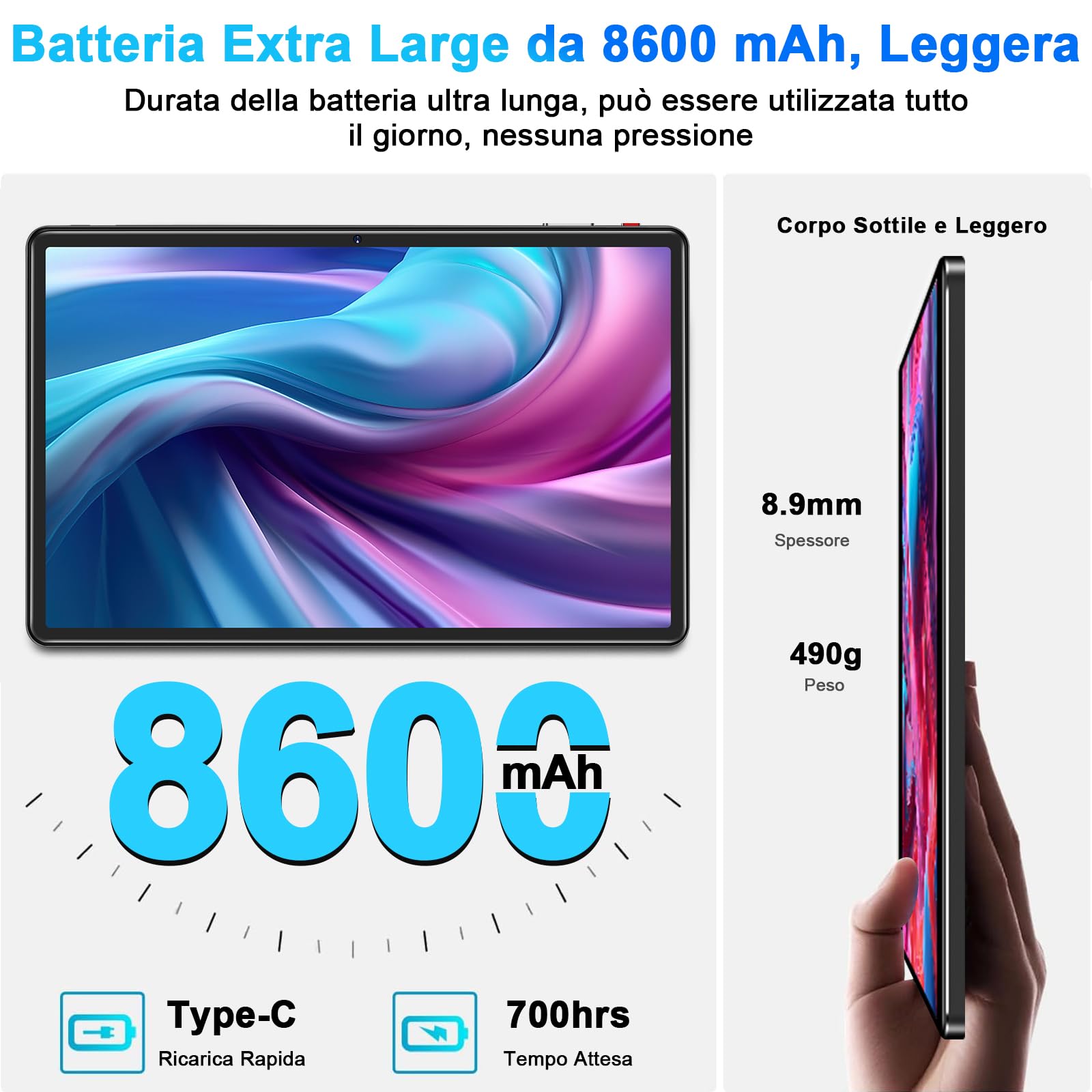 UJJ Newest Tablet Android Tablet 11 Pollici 16GB RAM + 256GB ROM (1TB TF), Octa-Core, 2.0 GHz, 1280 * 800 IPS FHD, 5G WiFi, 8600mAh, Bluetooth 5.0, 8MP+13MP+2MP, Tablet PC con Custodia, Nero - Vista 6