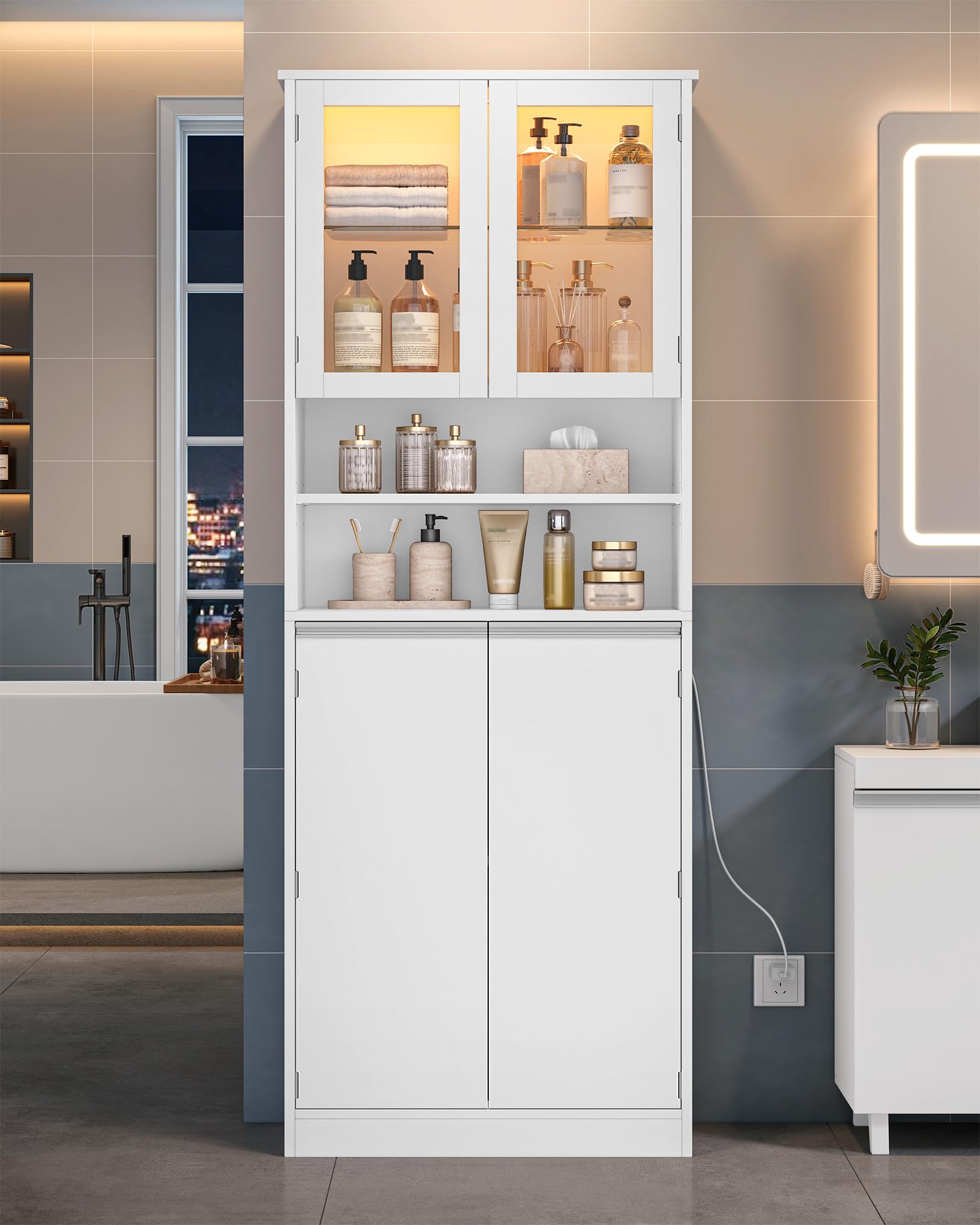 Hzuaneri Meuble Salle de Bain,Meuble de Rangement Haute avec Éclairage LED | Armoire sur Pied avec 4 Portes et Étagère Réglable, Moderne, pour Salle de Bain, Salon, 28 x 60 x 170 cm Blanc SC40003XEU