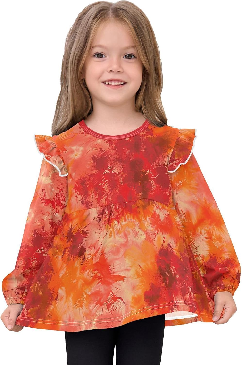 visesunny Toddler Clothes for Girls Red Orange Swoosh Pattern Long Sleeve Fall Shirts Cotton Top with Ruffle Collar