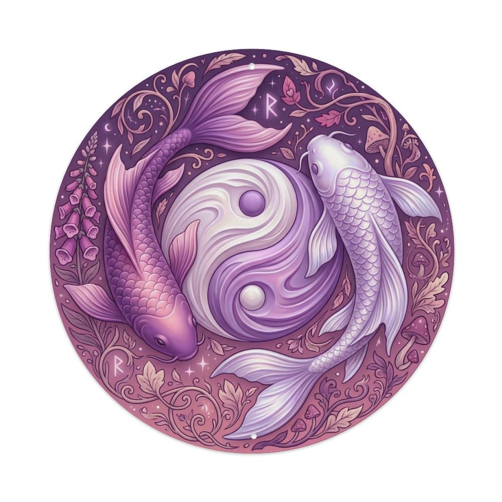 Tai Chi Koi Fish Foxglove Purple Pink Flower Metal Tin Sign
