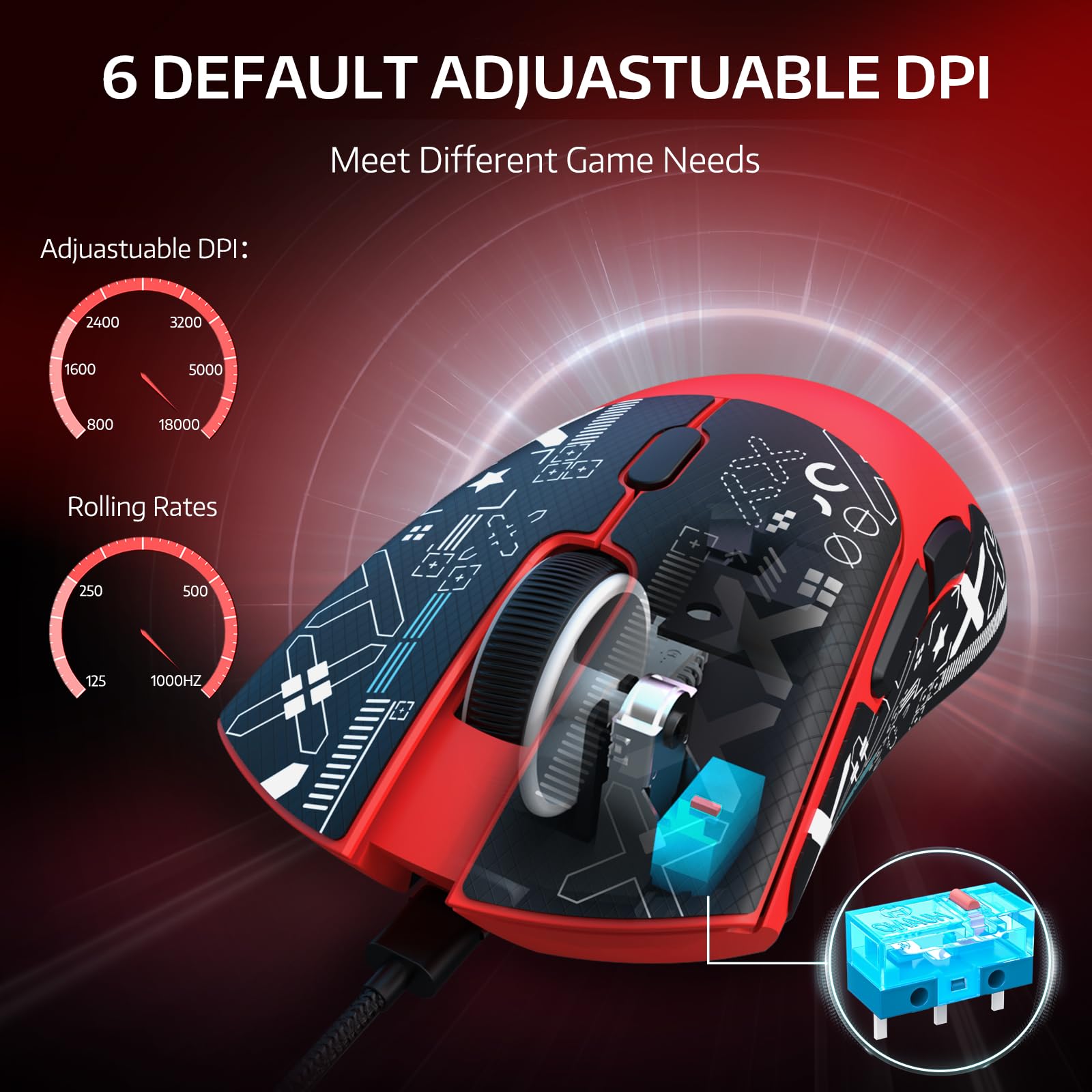 MAMBASNAKE R1 bezprzewodowa mysz do gier 59 g z trzema trybami i antypoślizgowymi naklejkami, łączność 2,4 GHz/Bluetooth/przewodowa,5 programowalnych przycisków,6 regulowanych DPI do 18000-czerwony