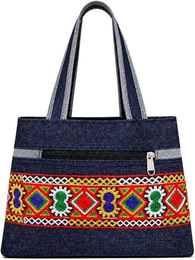 Women's Denim Tote Bag with Colorful Ethnic Embroidery, Small Handbag with Zipper Pocket, Blue