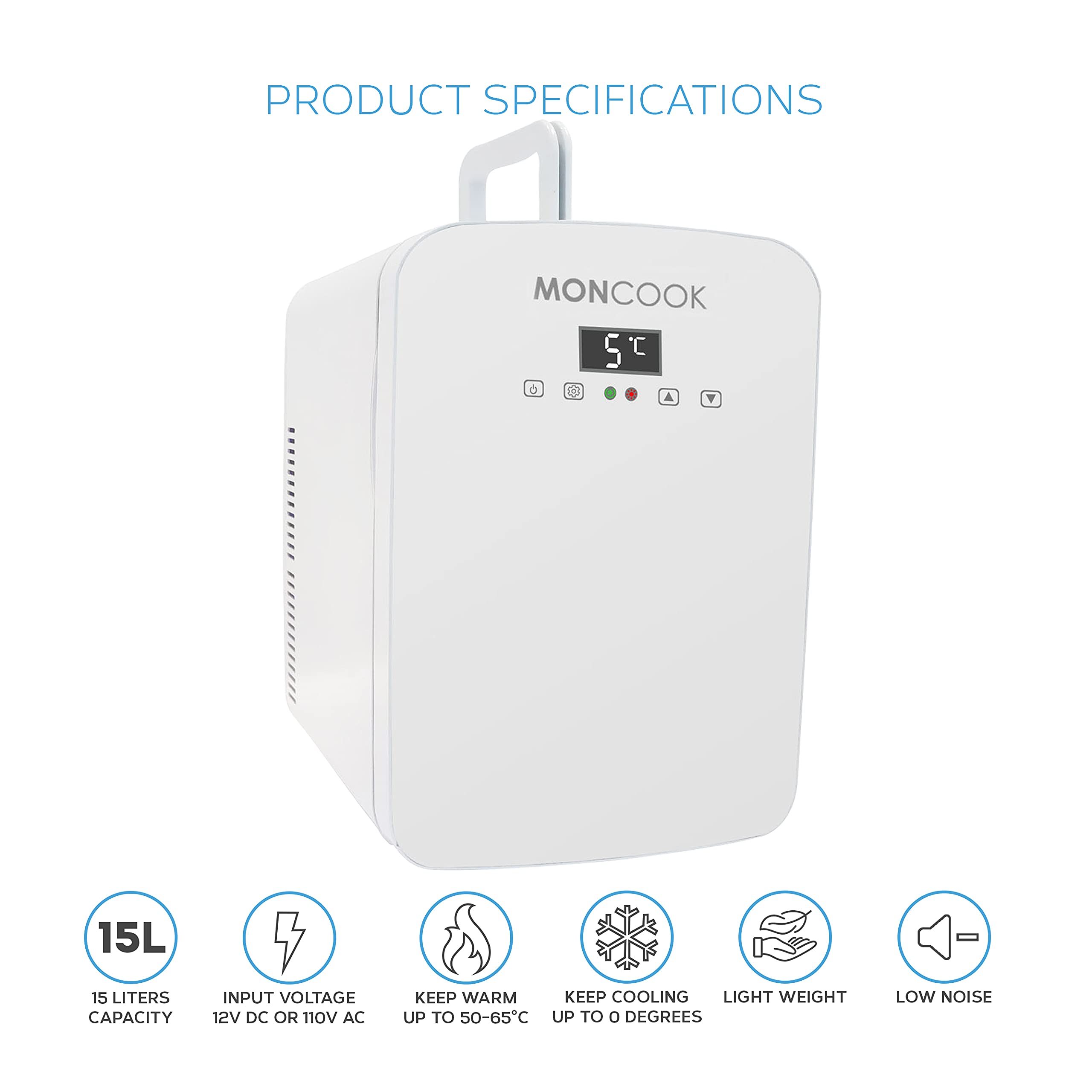 MONCOOK Mini Fridge For Bedrooms - Digital LED Display - Glass Door Mini Fridge For Skincare, Food & Drinks - Cooling & Warming Function - Perfect For Home, Office, Car Or Travel - 15L White