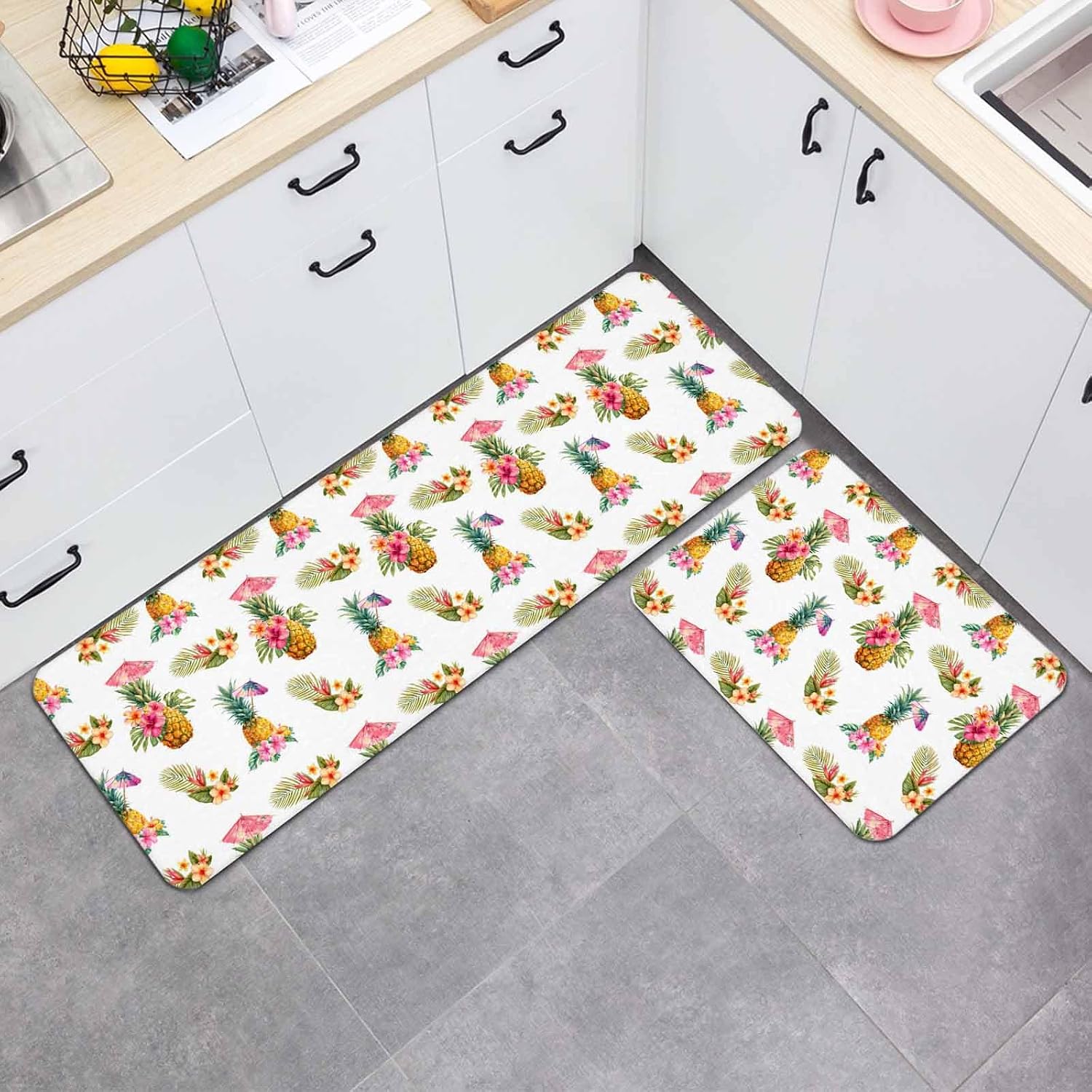 Prime Leader Tropical Plant Kitchen Mat Set 2 Pieces Pineapple Pink Flowers Umbrella Summer Modern Non Slip Kitchen Rugs Washable Runner Rug Mats for Sink Laundry (19.7" x 31.5"+19.7" x 47.2")