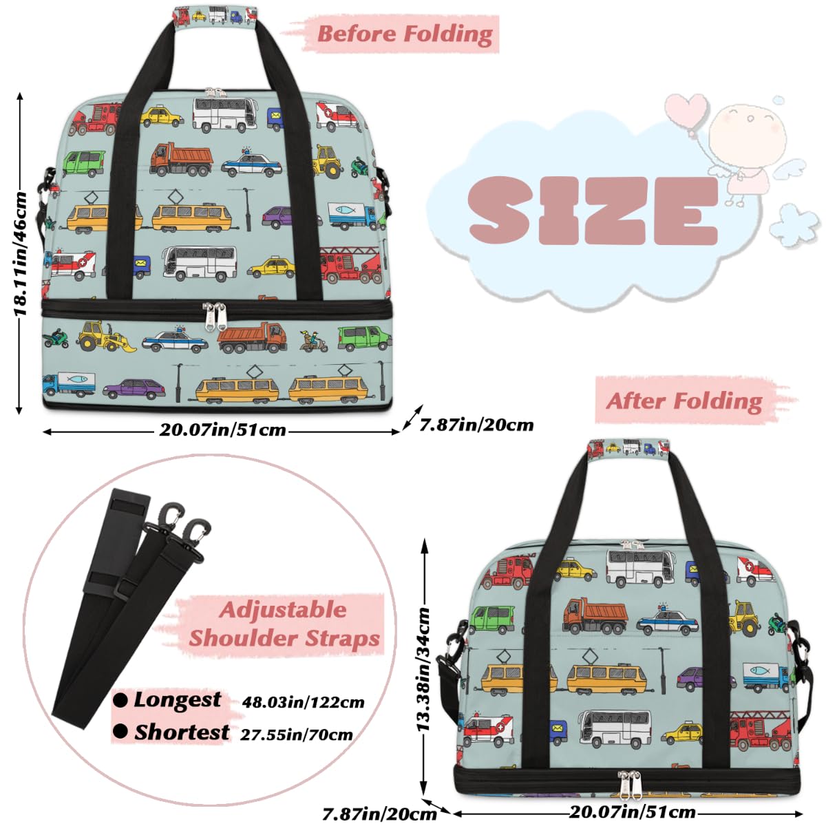 Bolsa de viaje plegable con diseño de coches de tráfico, bolsa de fin de semana de 47 litros con funda de carrito para deportes gimnasio viajes, multicolor, 47L, Bolsa de viaje