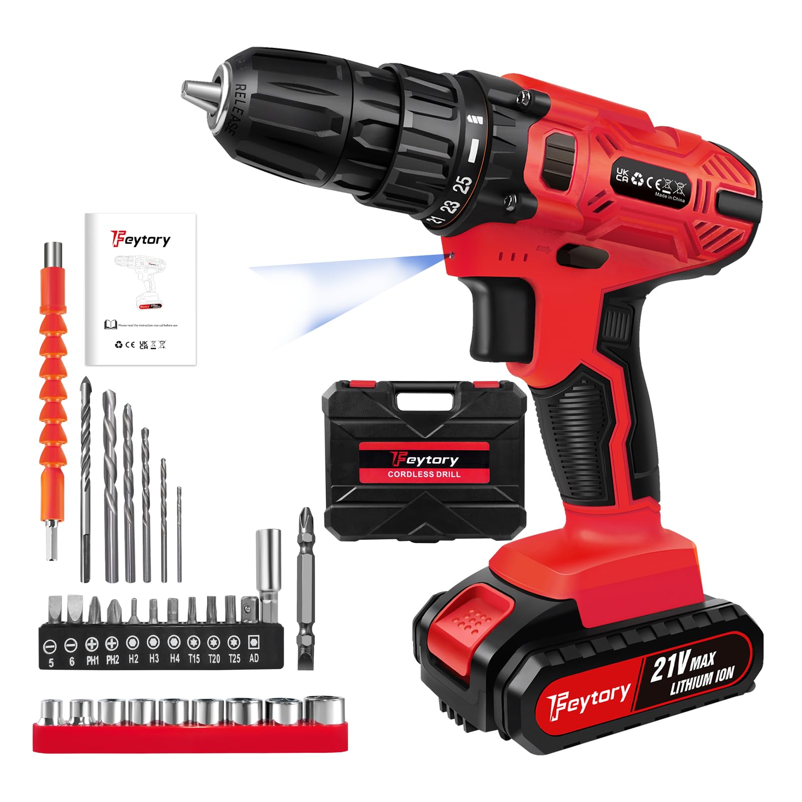 VickyHome 21V Mini Drill with 1500mAh Lithium-Ion Battery and Fast Charger, 25+1 Torque Electric Small Power Drill with 0-400/0-1400rpm Adjustable Speed, LED Work Light, Red