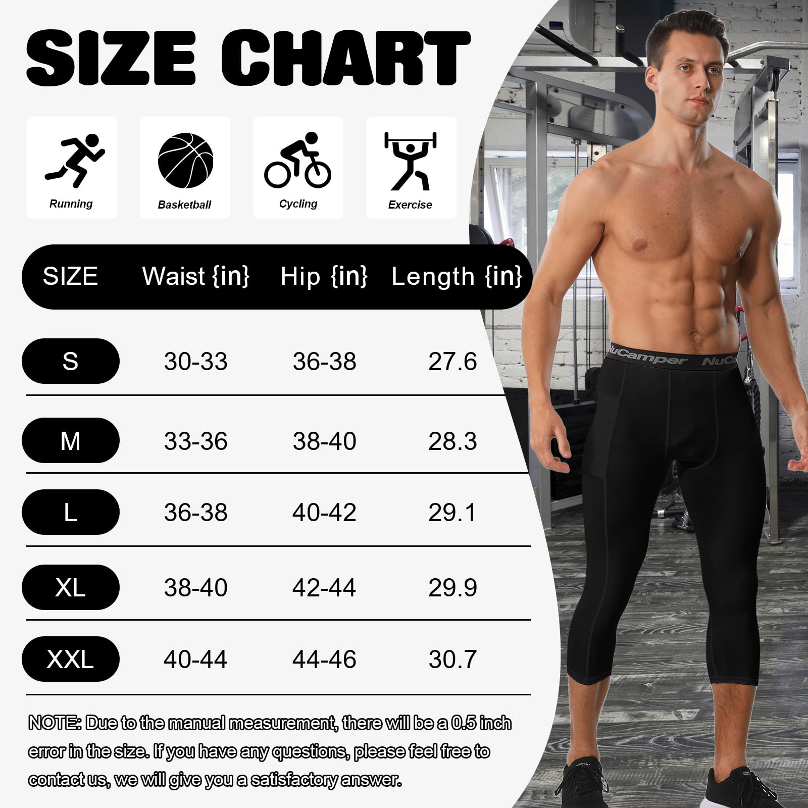 NuCamper Mallas Hombre 3/4 Leggings Pantalones de Compresión para Hombre con Bolsillo, Pantalones Deportivas de Compresión, Capa Base de Secado Rápido para Gimnasio Entrenamiento