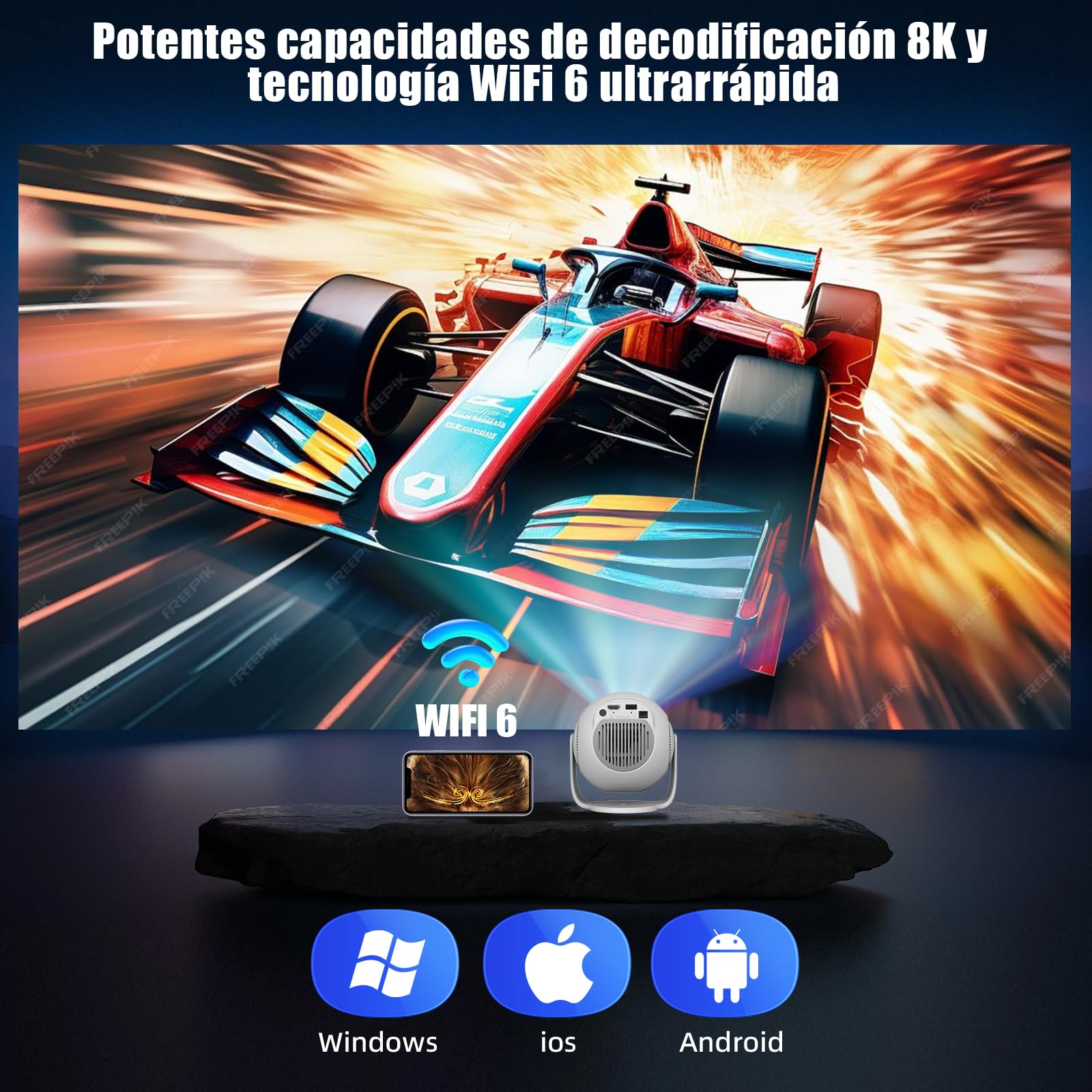 Mini Proyector con 4K & 8K 1080P, Proyector Portátil con Android 14 5G WiFi 6 y Bluetooth 5.4, Rotación de 270°, HDMI/USB/DC, 8 GB de Almacenamiento, Corrección Trapezoidal Horizontal Automática