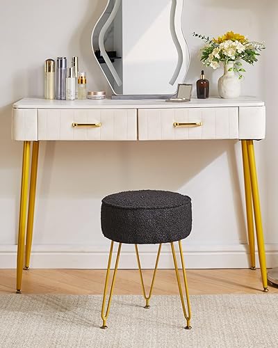 Miniatura 2 de IBUYKE Reposapiés otomano redondo de terciopelo teddy, mesa auxiliar de tocador de maquillaje, asiento de mesa de tocador de terciopelo, puf