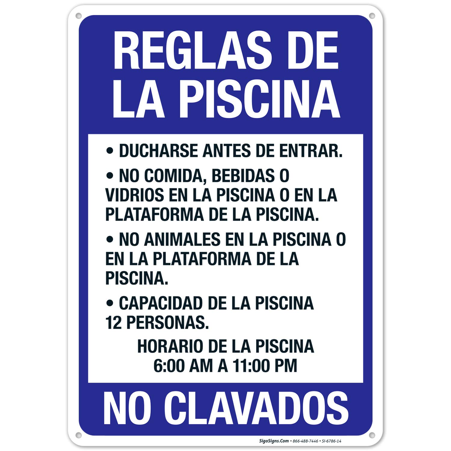 Reglas De La Piscina Sign, Pool Sign, 10x14 Inches, 55 mil Thick HDPS (high Density polystyrene), Made in USA