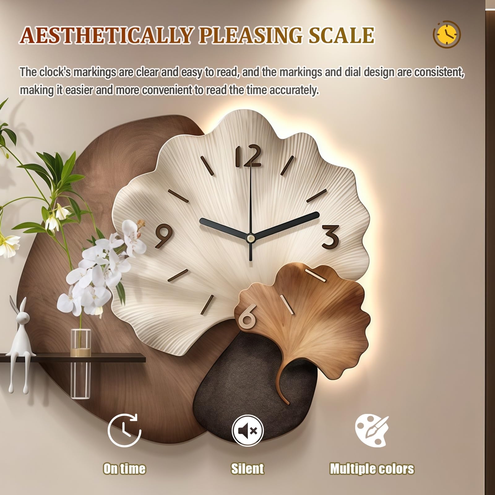 Orologio Da Parete Decorativo 3D Con Luce LED, Moderno Decorazioni Da Parete Con Vaso In Vetro, Orologio Murale Silenzioso Al Quarzo A Forma Di Foglia Di Ginkgo Per Casa, Soggiorno Camera Ufficio