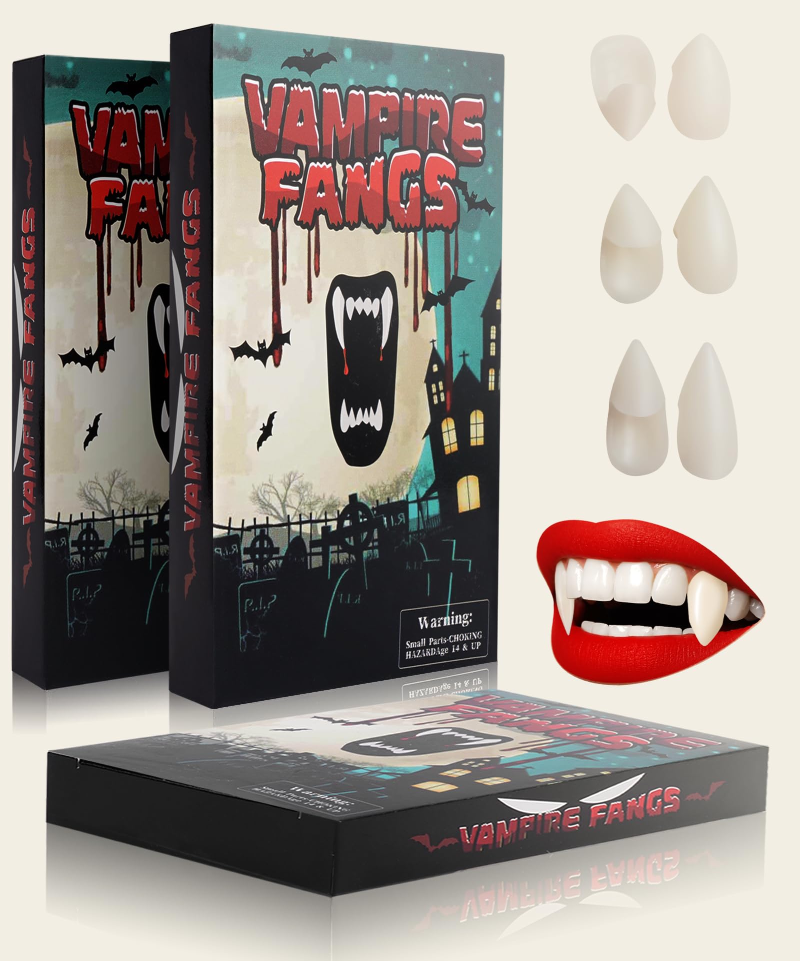 YVELINES 3 Sizes Vampire Teeth Fangs with Upgraded Reusable Adhesive, Vampire Fang for Adults, Realistic Vampire Teeth, Halloween Realistic Vampire Fangs(13mm,15mm,17mm) (13 15 17)