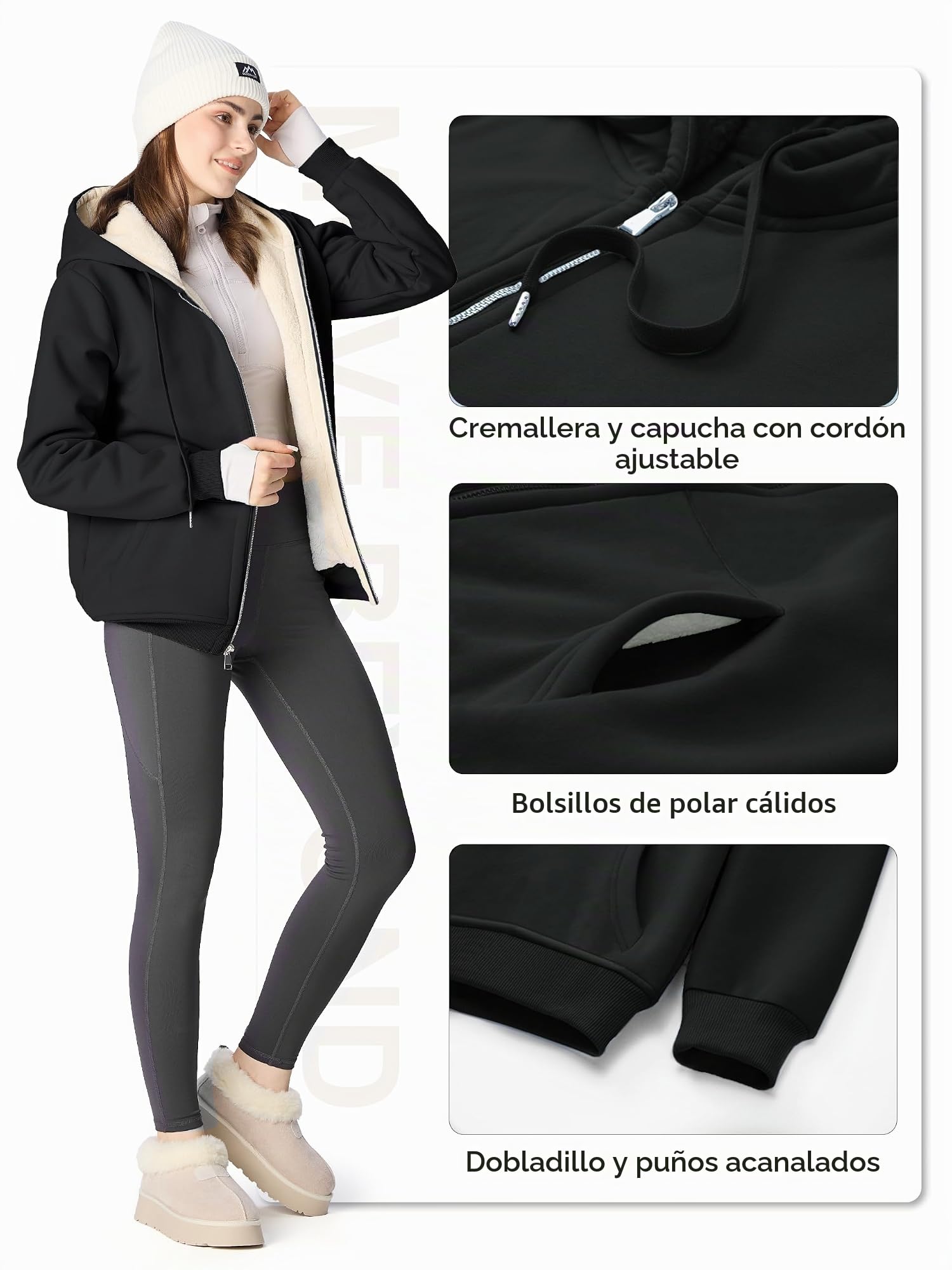 MOVE BEYOND Abrigos para Mujer en Invierno Chaqueta Sudadera con Capucha de Forro Cálido Térmico y Cierre de Cremallera Termica Fleece Chamarras