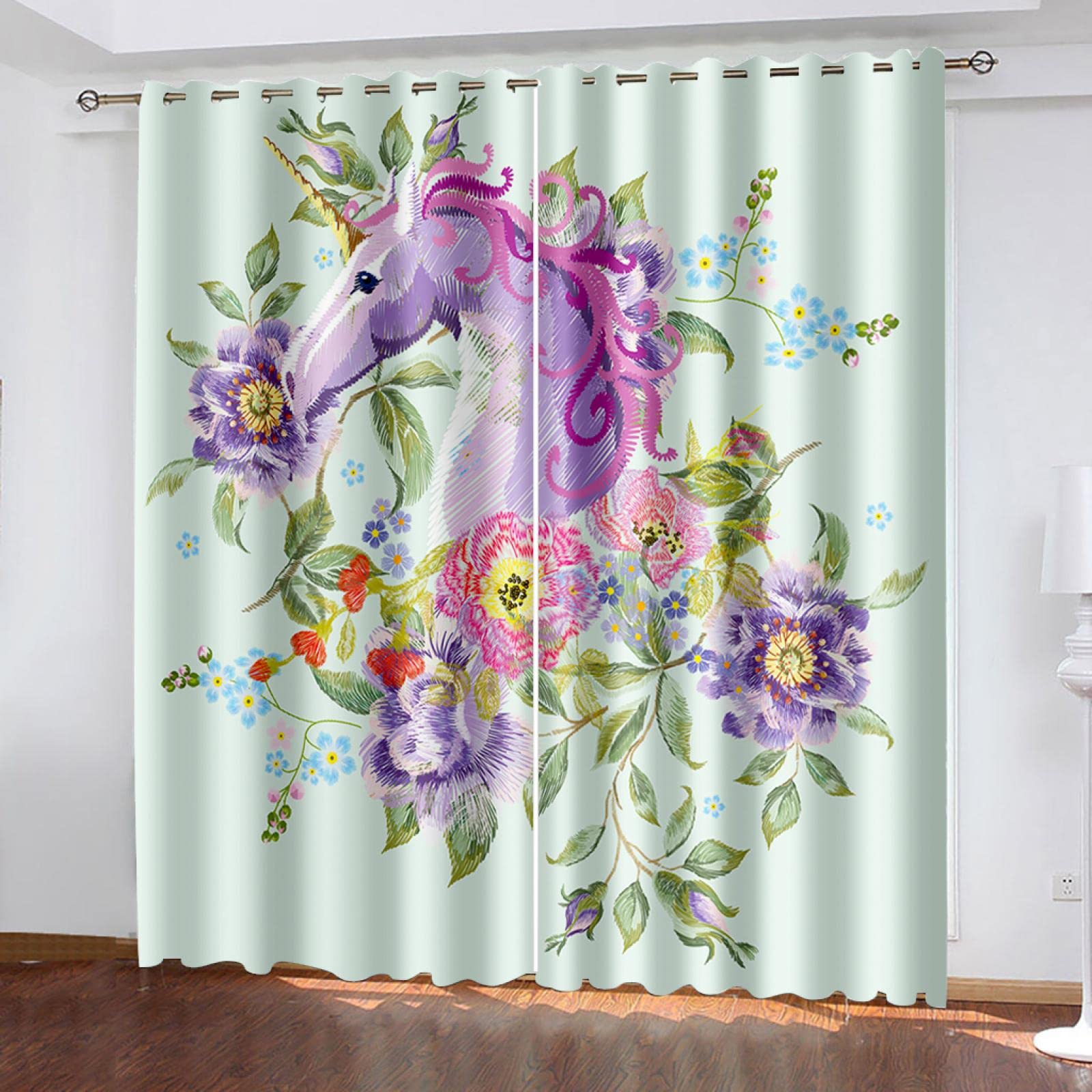 Rideaux occultants pour Enfants, Motif Licorne Violette, Magnifiques Rideaux occultants à œillets, Isolation Thermique, imprimés, pour Chambre d'enfant, Lot de 2 Panneaux, 220 x 215 cm