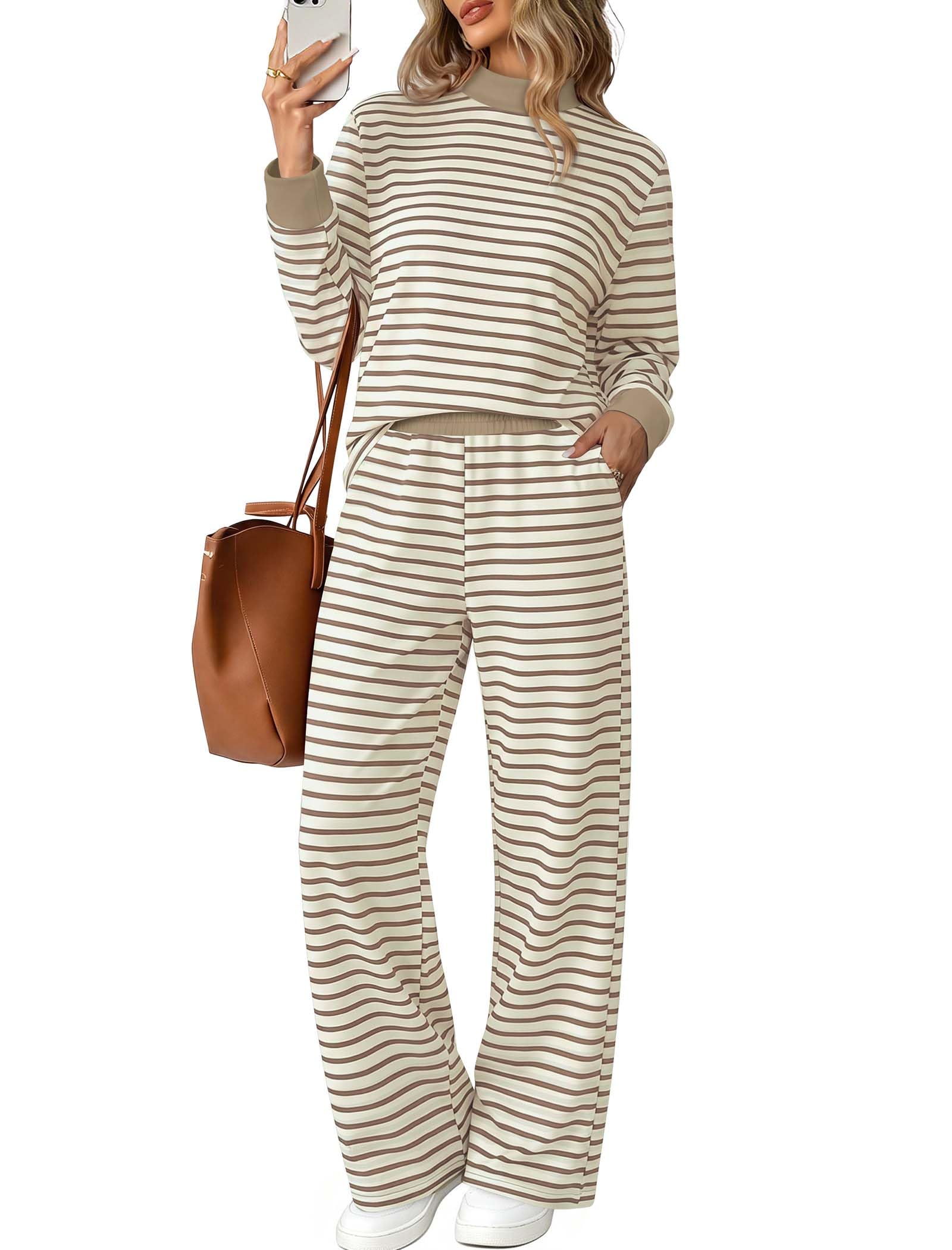 Sampeel Two Piece Sets for Women Color Block Matching Set Cozy Loungewear | 2 piece sets, fall outfits, winter clothing, mock neck, business casual outfits, teacher outfits, wide leg pants with pockets
