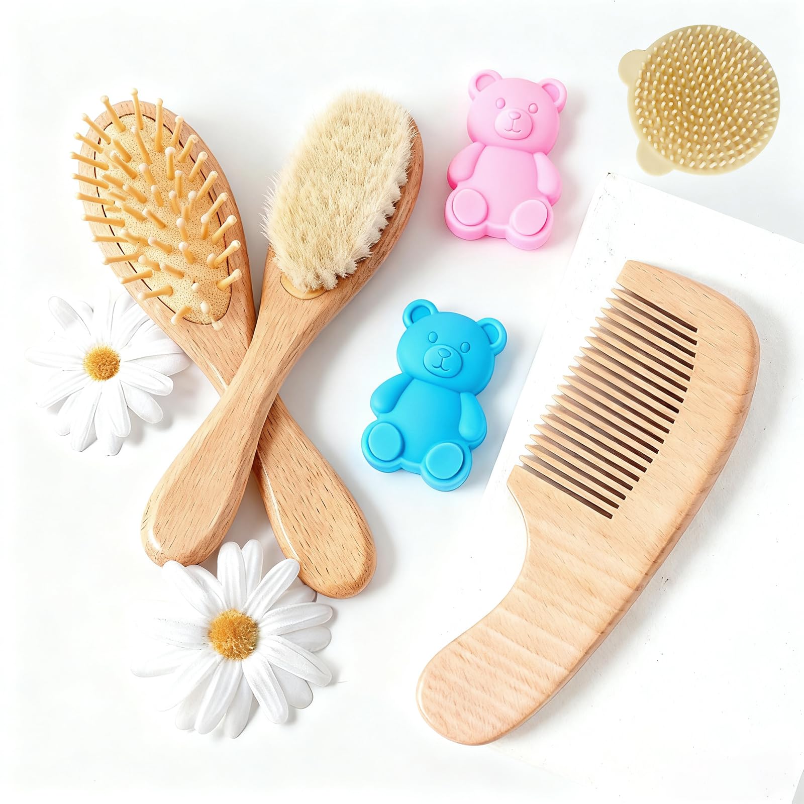 Set di 4 spazzole e pettini per capelli per neonati, in legno