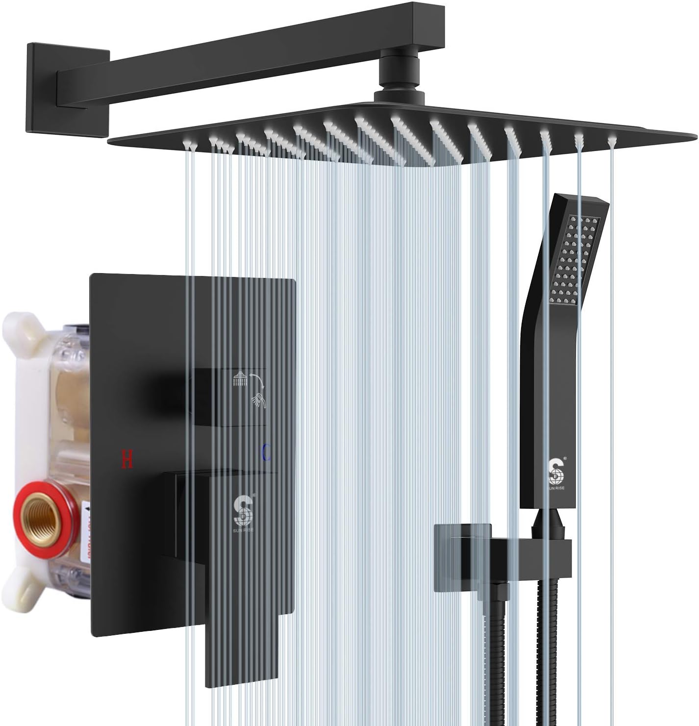 SR SUN RISE 12 Inches Matte Black Shower System 12 Inch Brass Bathroom Luxury Rain Mixer Shower Combo Set Wall Mounted Rainfall Shower Head System Shower Faucet Rough-in Valve Body and Trim Included - - 
