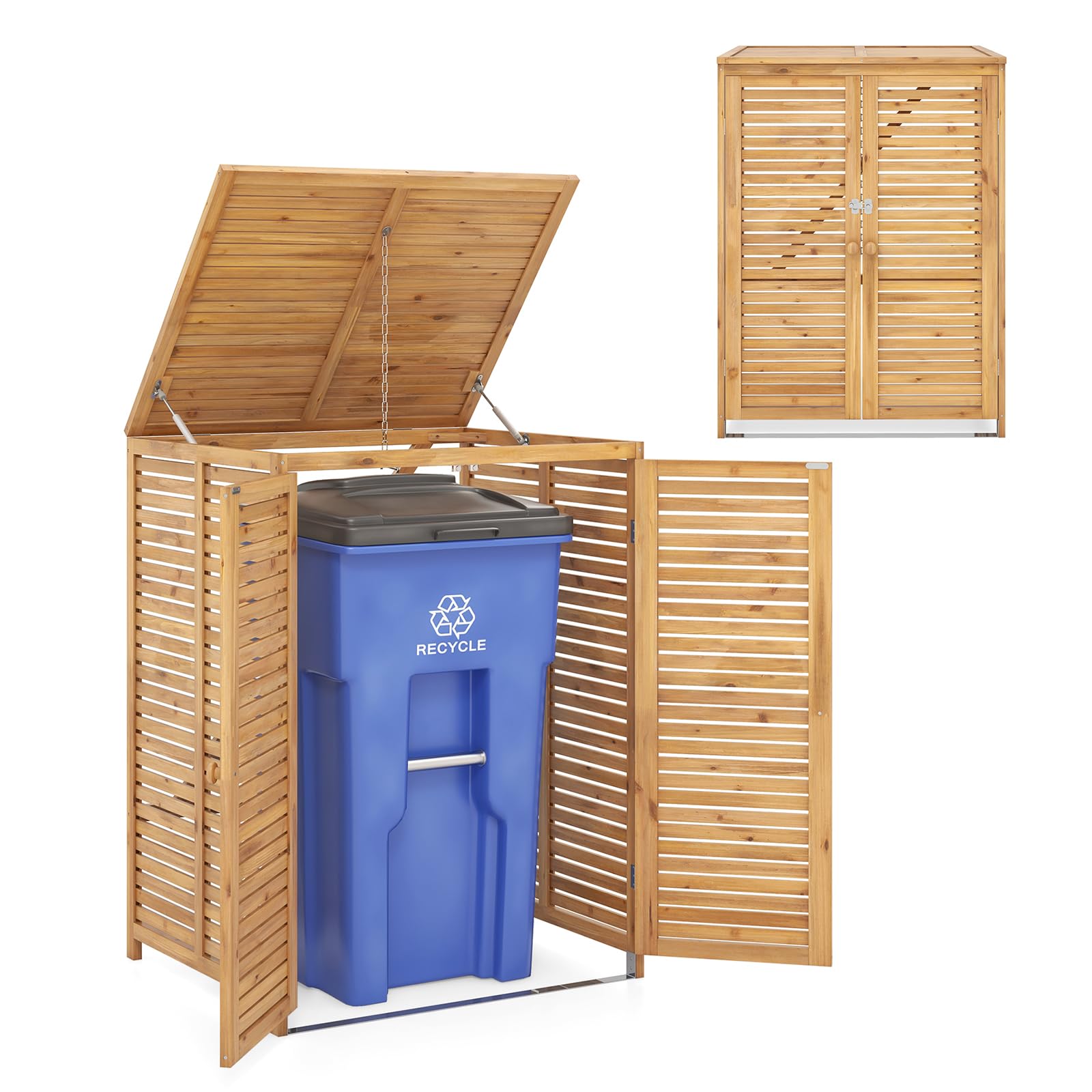 GOPLUS Mülltonnenbox 120L, Mülltonnenverkleidung aus Tannenholz, Aufbewahrungsbox mit Klappdeckel & Metallkette, Mülltonnecontainer für Mülltonnenbox, Geräte