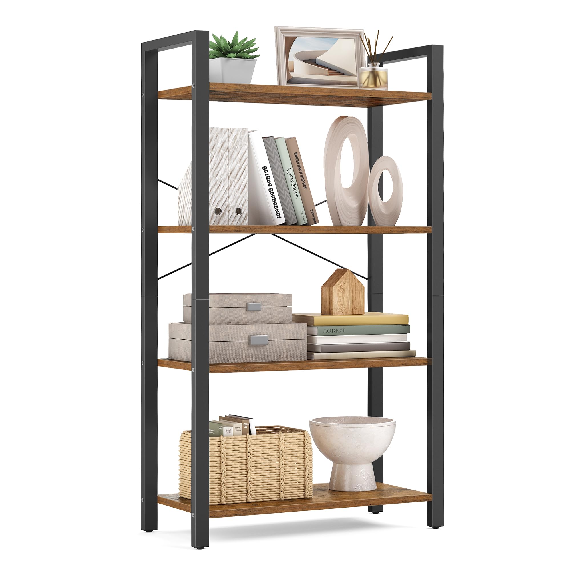 Bookshelf, 4-Tier Bookcase, Living Room Standing Unit Shelf, Stable Steel Frame, Bedroom, Office, Industrial Design, Rustic Brown ULLS60BX