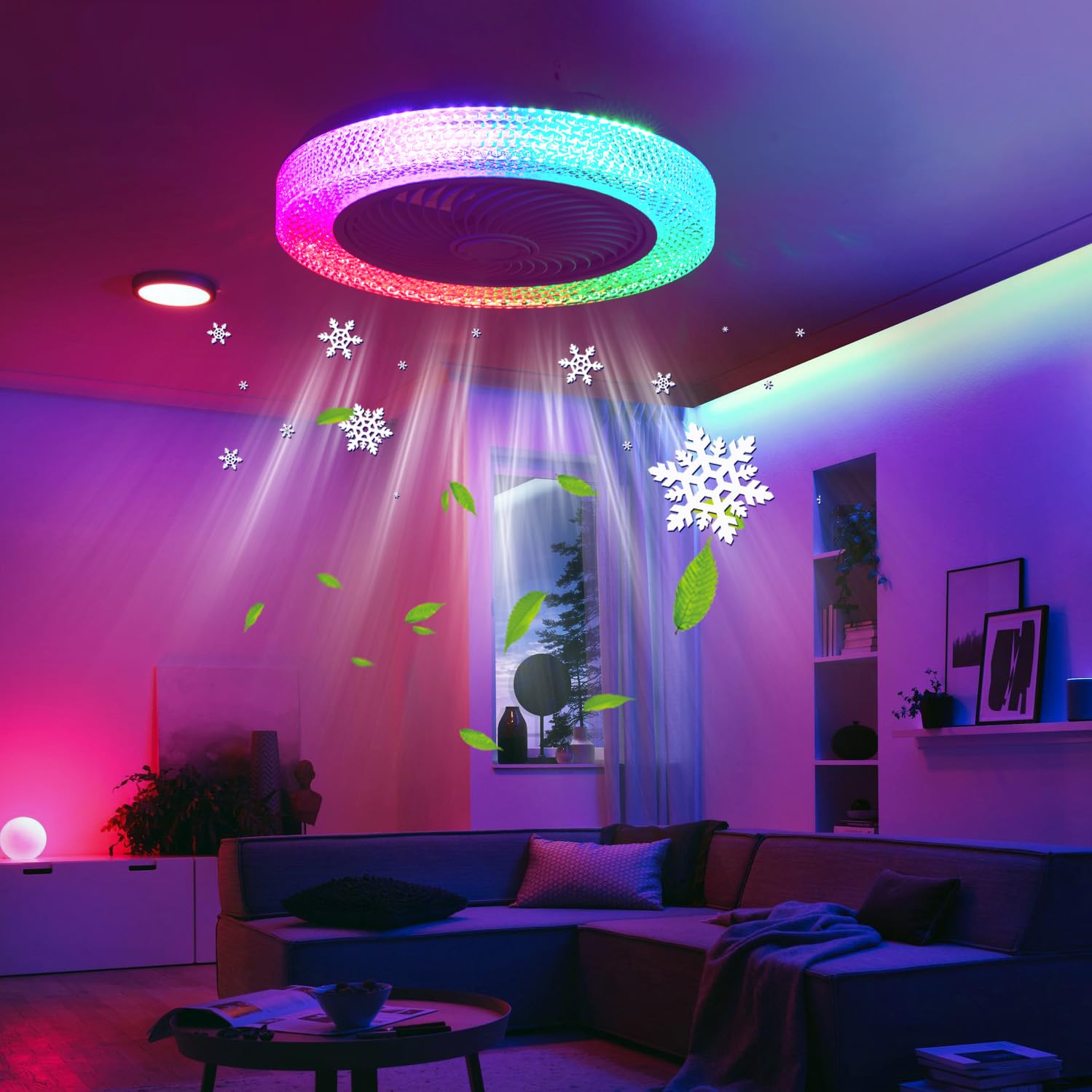 Ventilatore da soffitto bianco con altoparlante Bluetooth e luce integrata, senza pale, con luce LED a colori variabili, piccolo, moderno e lucido, da incasso per camera da letto, con timer e 6 veloc