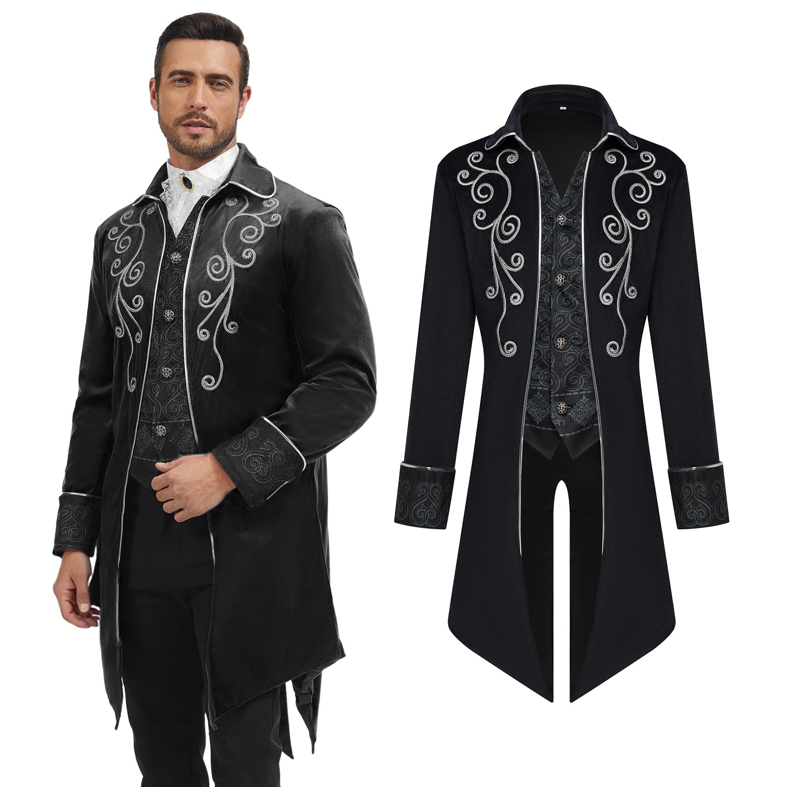 Giacca steampunk, da uomo, a maniche lunghe, ricamata, vintage, gotico, giacca da uomo, costume vittoriano per feste a tema steampunk, Halloween