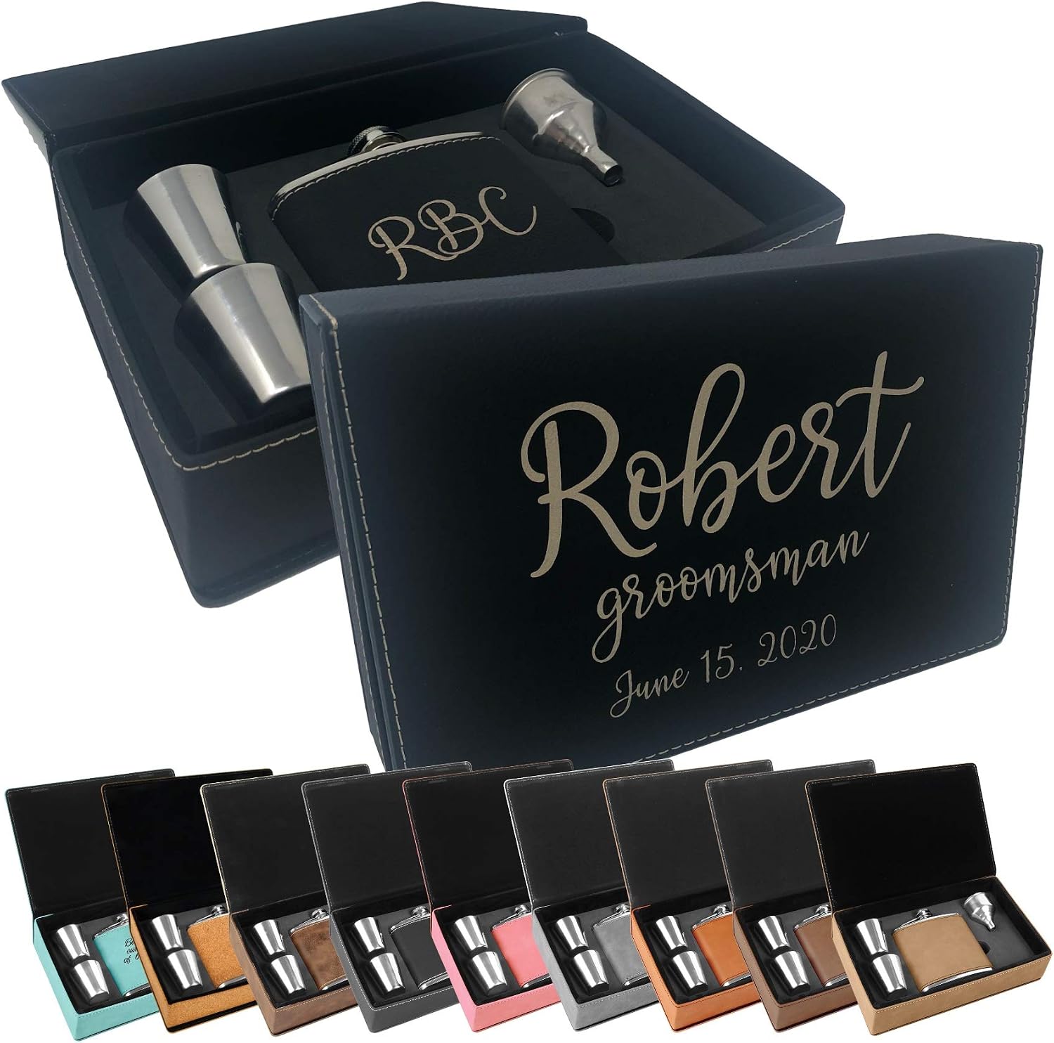 Personalized Name Leatherette Flask Set (Pink w/Black)