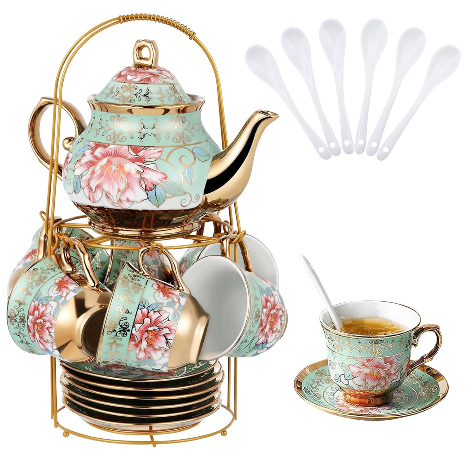 20 Pcs Porcelain Tea Set with Metal Holder, Adult Tea Set Gift, European Ceramic Tea Set for Adults, Flower Tea Cup Saucer Set for Party With Gold Flower Painting (Fresh Green)